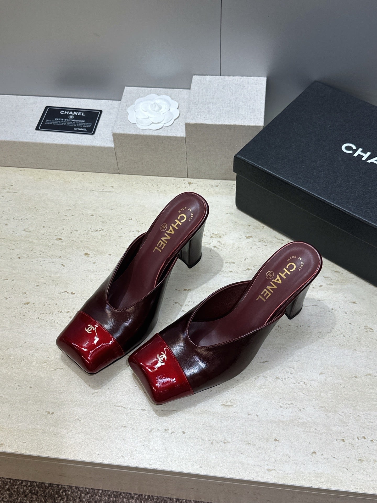 CC Cap Toe Mules 90mm Burgundy Patent Leather 896856