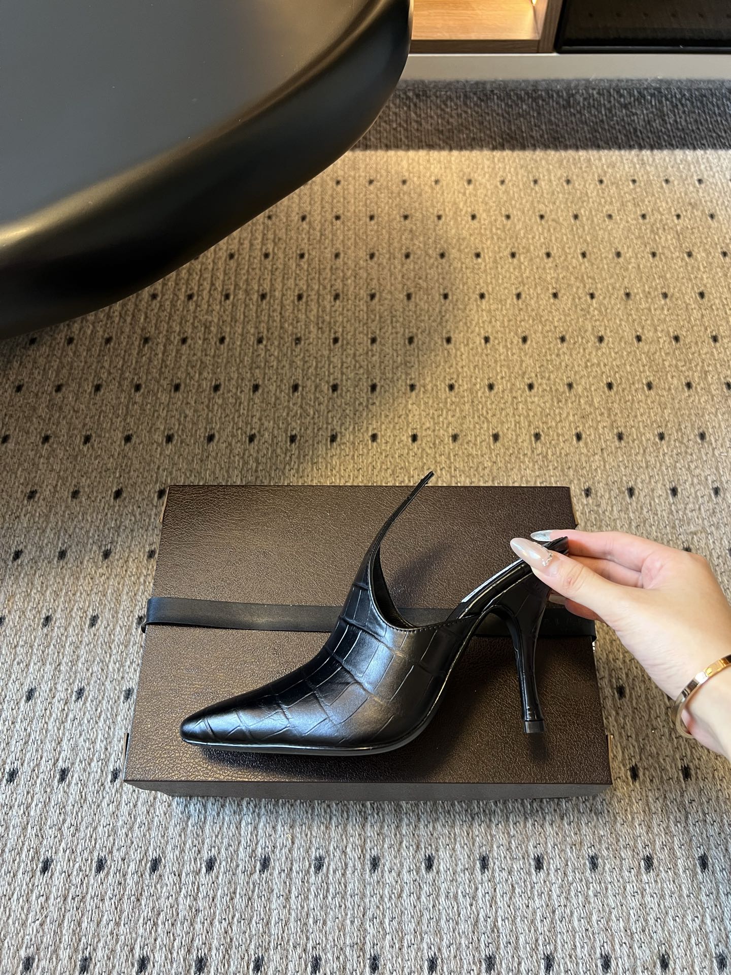 Alaia Croc-Embossed Pointed Toe Mules 10cm Black Cowhide