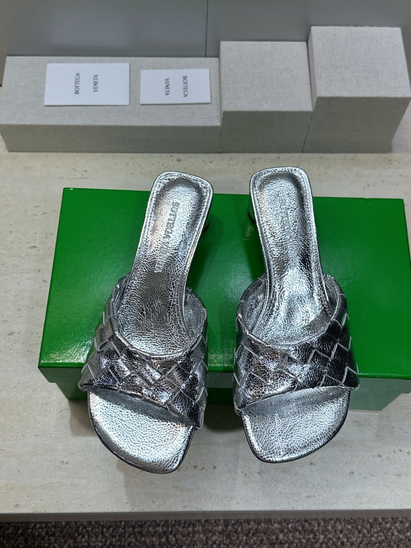 BV 26s Blink Intrecciato Mules 4.5cm Silver Metallic Leather 896574