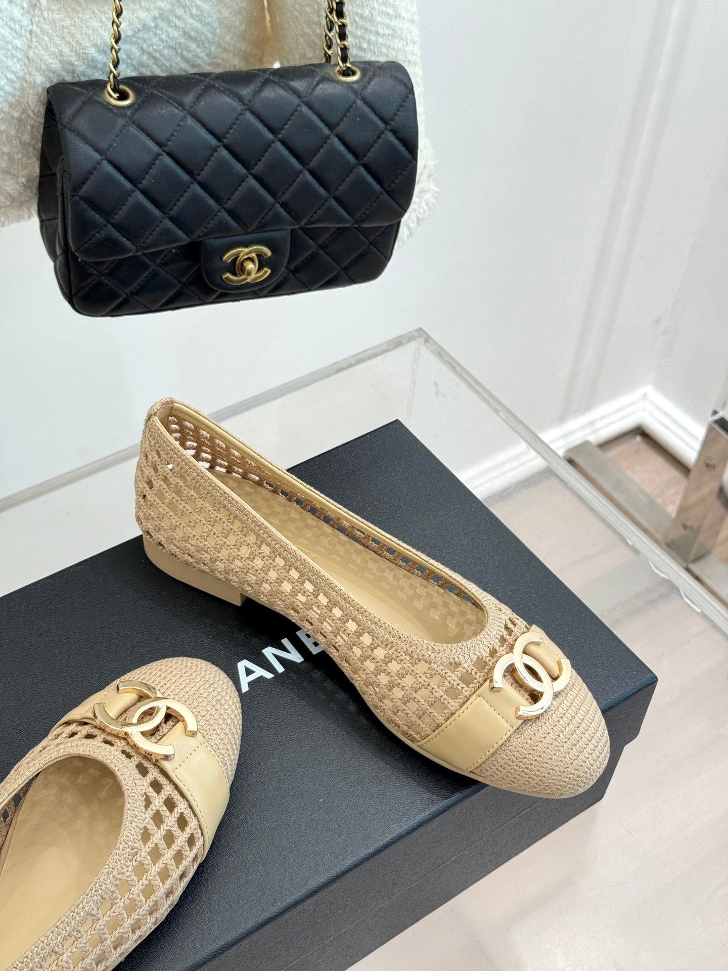 CC Mesh Woven Ballet Flats Beige Woven Fabric 904674