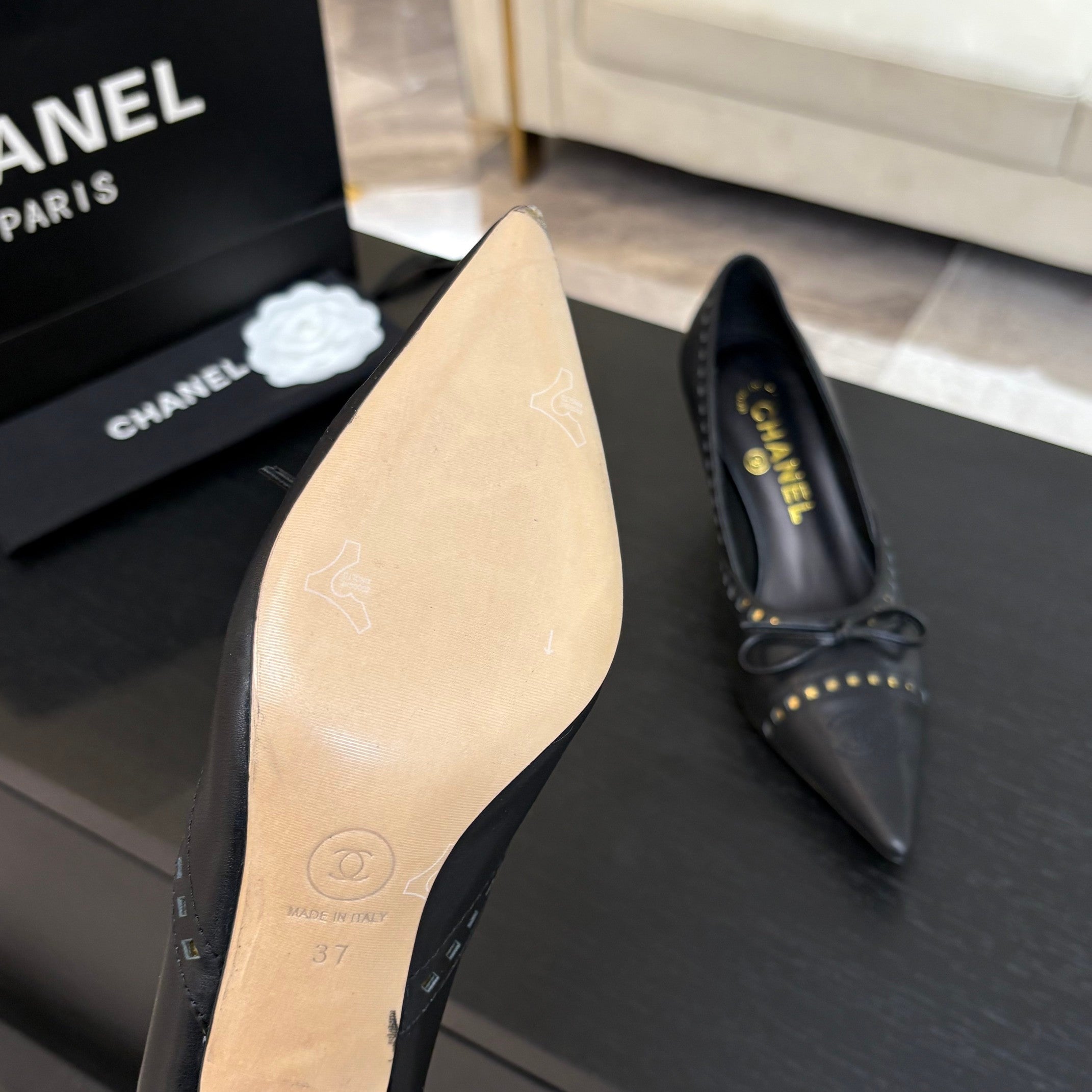 CC Bow Pointed Toe Pumps 6.5cm Black Leather 912934