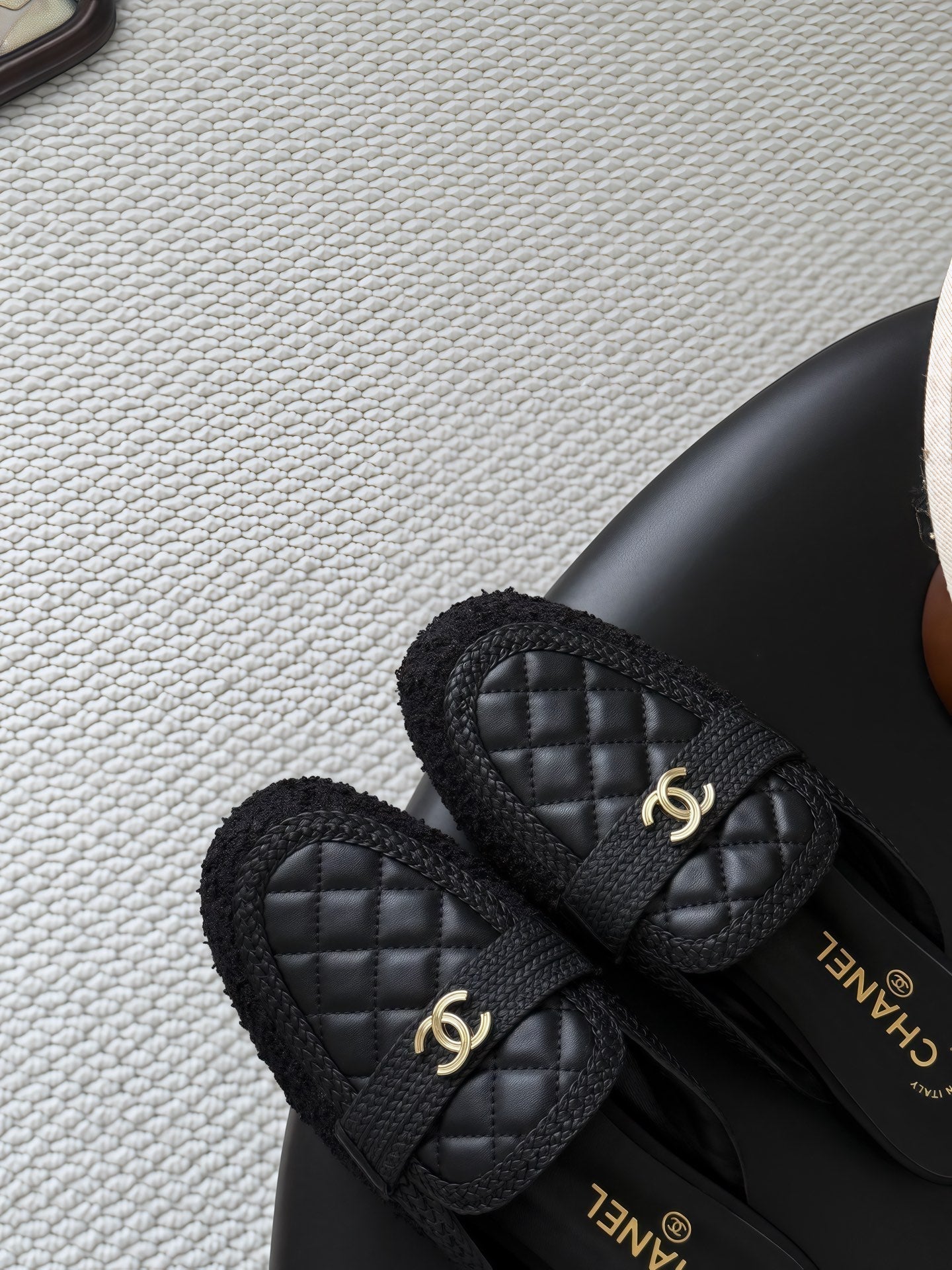 CC Quilted Logo Strap Mules Black Tweed & Leather 914191