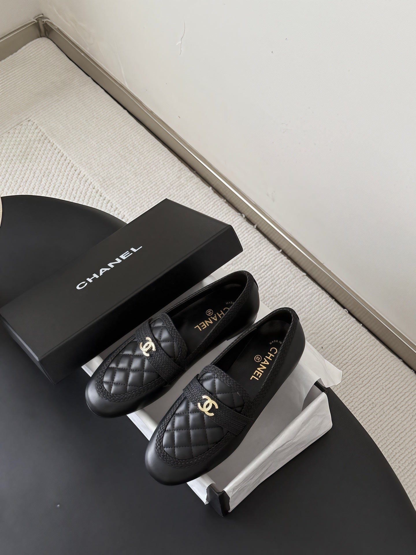 CC Quilted Logo Loafers Black Leather 914186