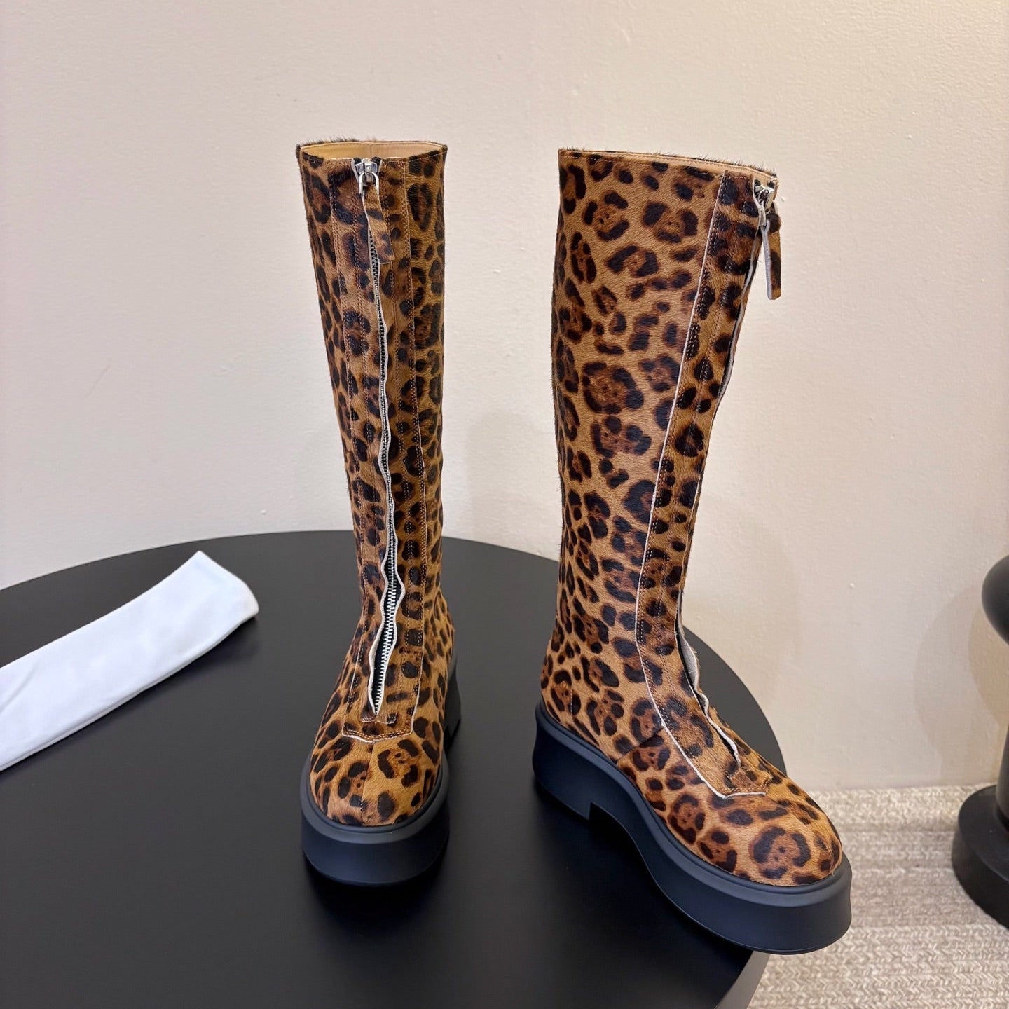 TR Platform Long Boots 4CM Brown Leopard Print Pony Hair Leather 933551