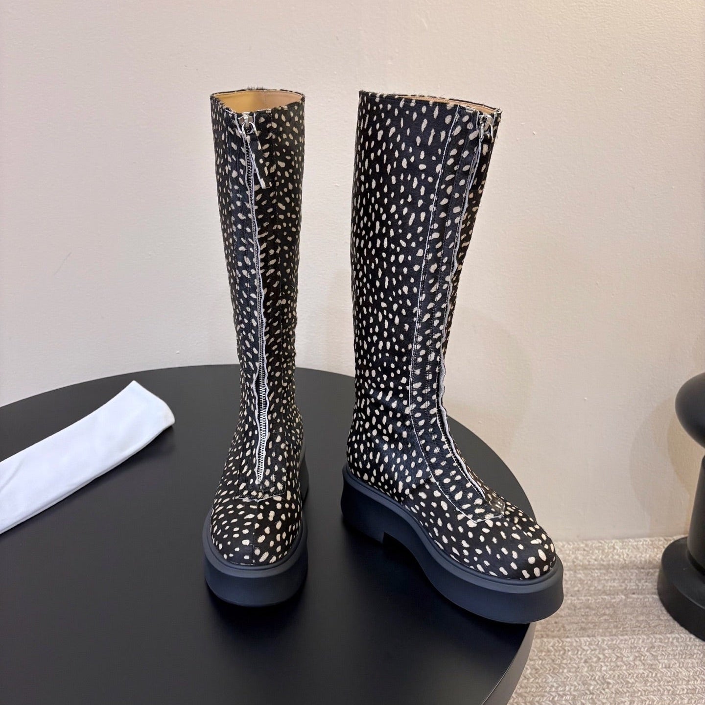 TR Platform Long Boots 4CM Black Leopard Print Pony Hair Leather 933550