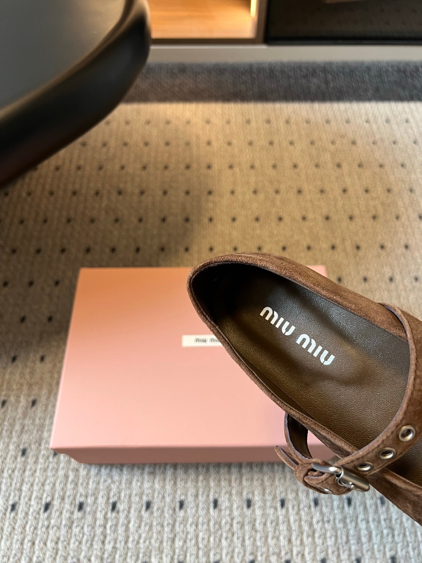 Miu Pointed Toe Bow Mary Jane Flats Brown Suede 933432