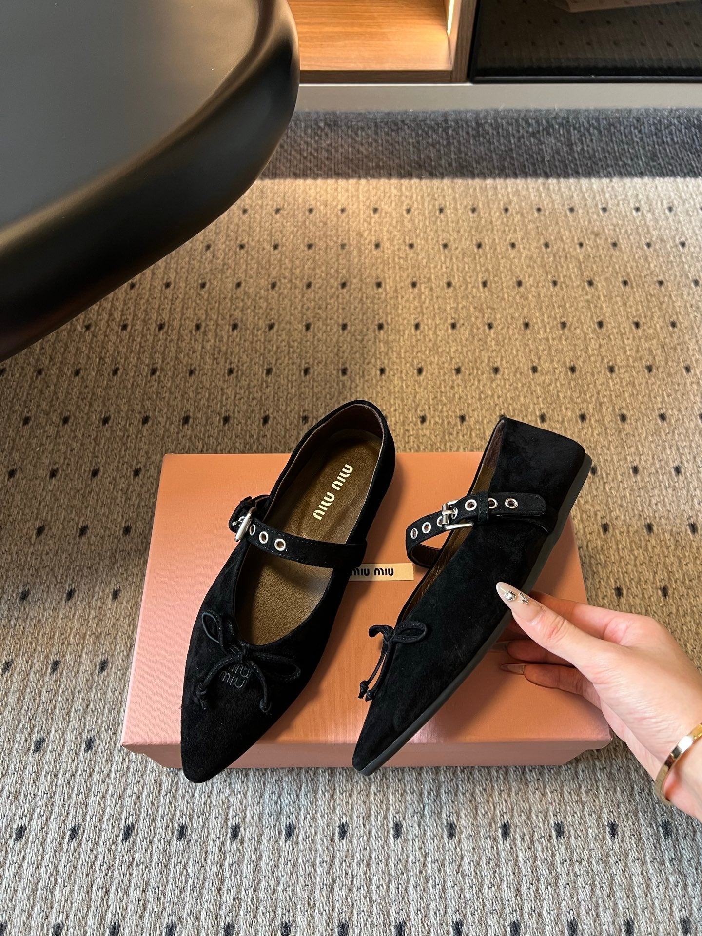 Miu Pointed Toe Bow Mary Jane Flats Black Suede 933429