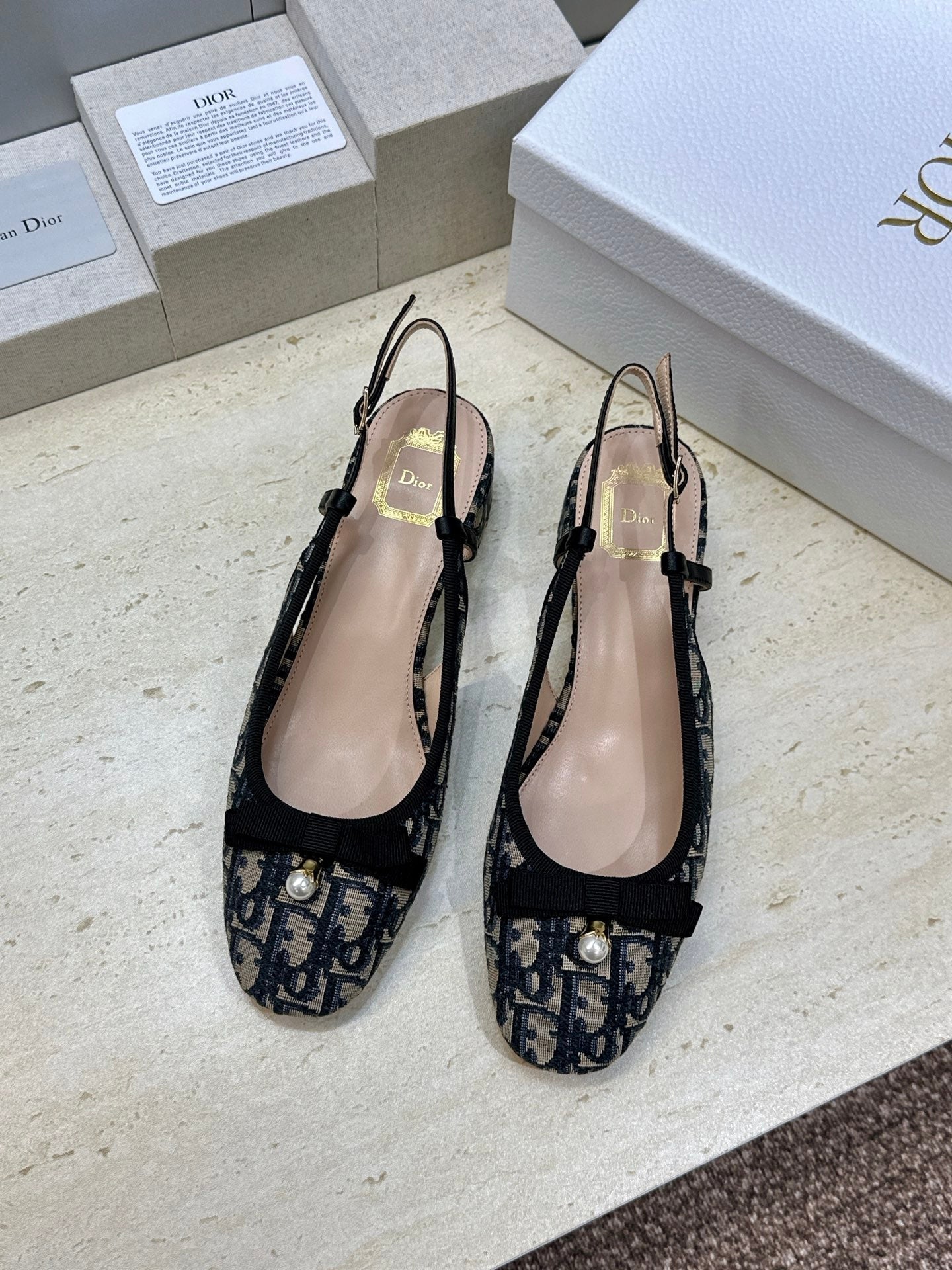 CD Oblique Bow Pearl Slingback Pumps 3.5CM Grey Navy Embroidered Cotton 933311