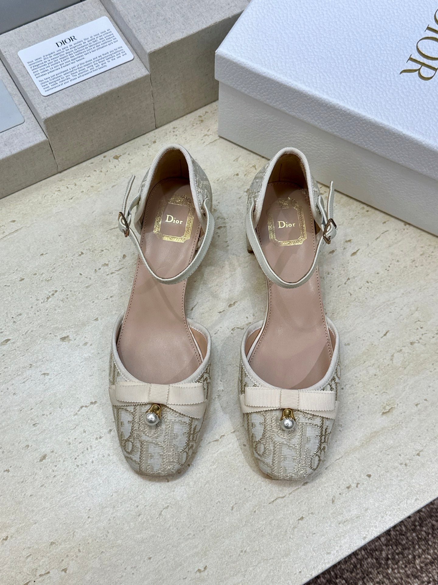CD Oblique Bow Pearl Ankle Strap Pumps 3.5CM Cream Embroidered Cotton 933314