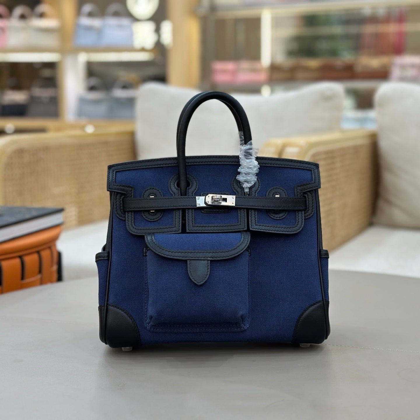 HM Birkin Cargo 25CM Handbag Black Navy Swift Canvas