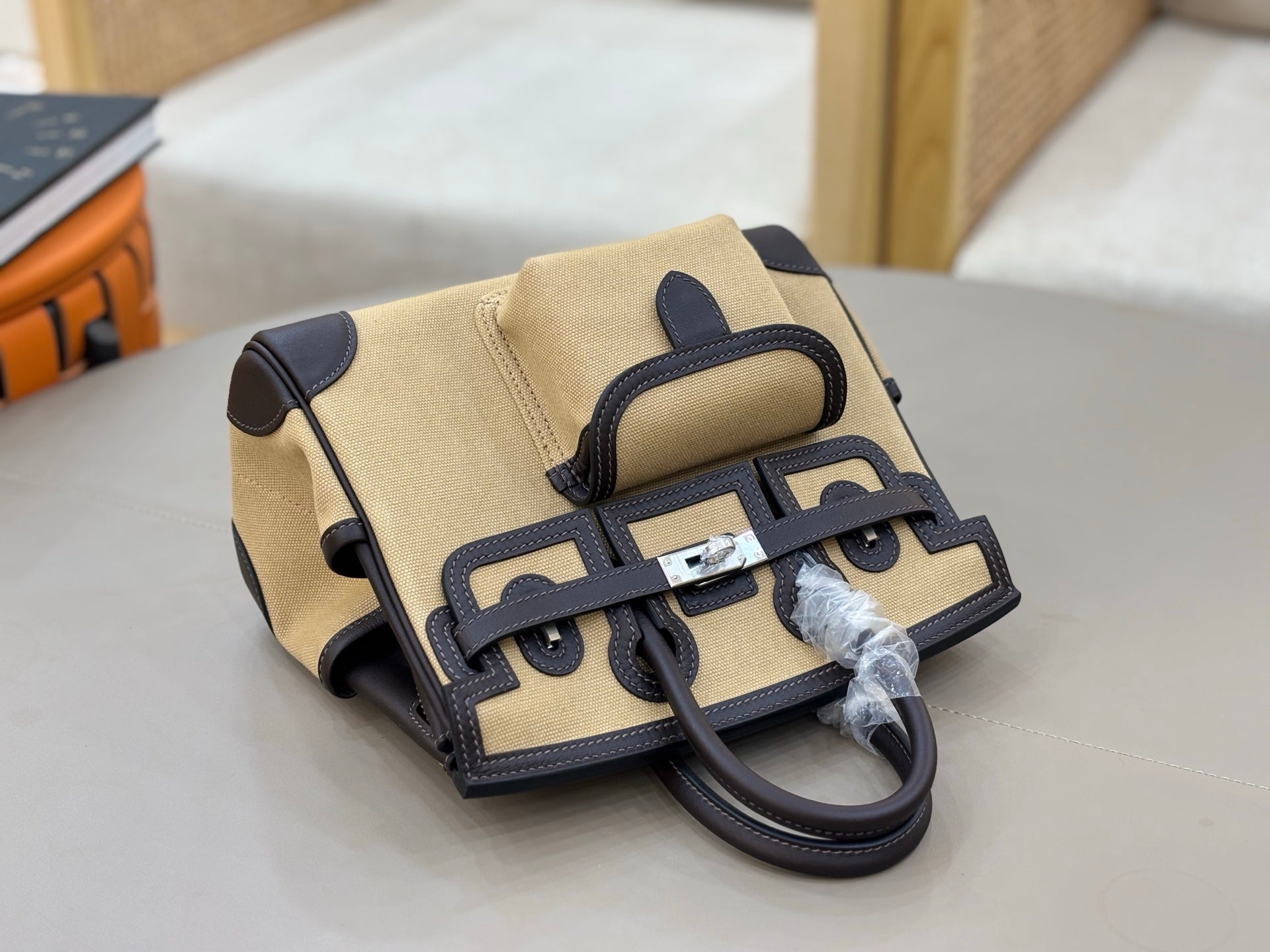 HM Birkin Cargo 25CM Handbag Black Beige Swift Canvas