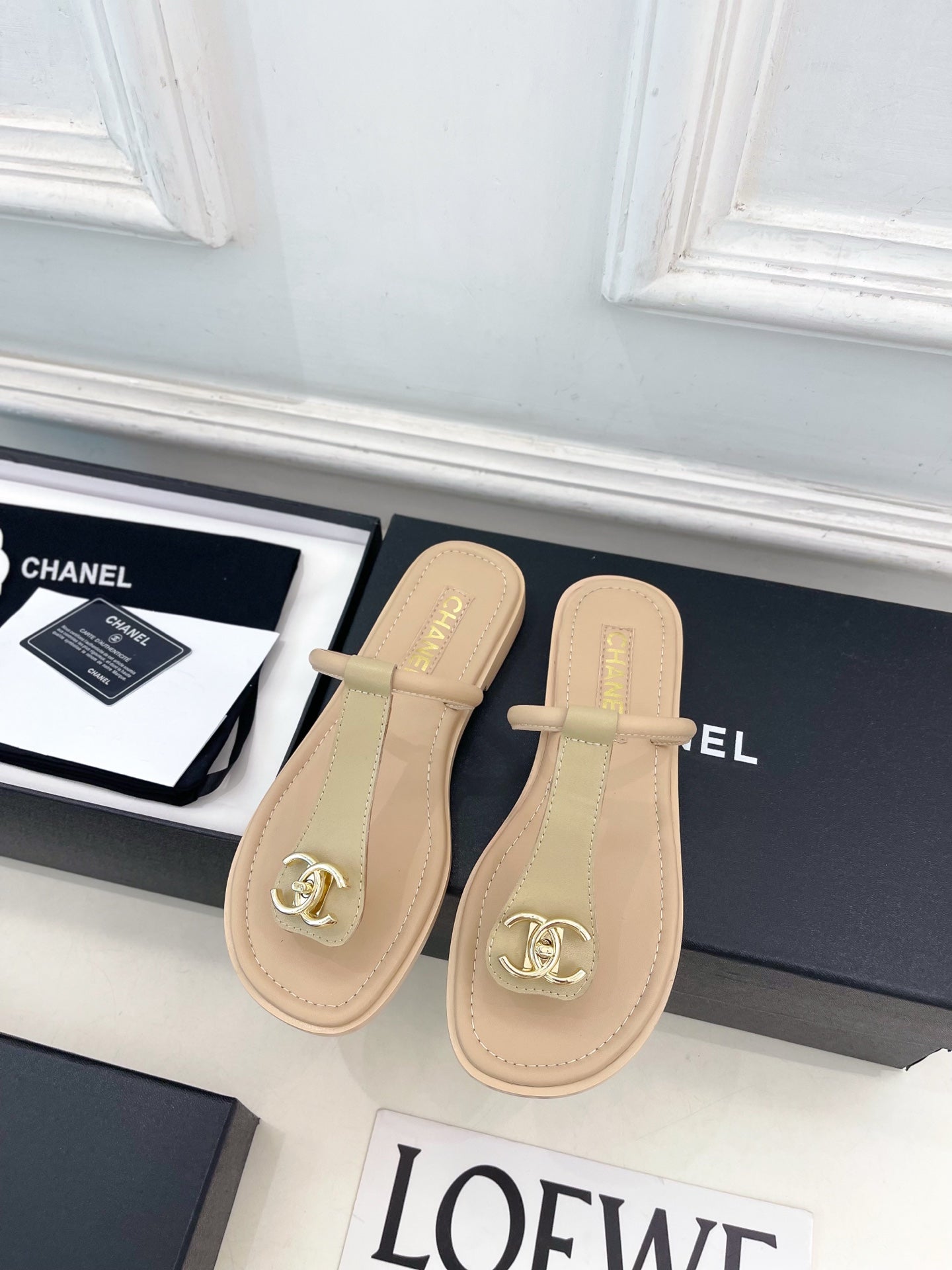 CC Double C Thong Sandals Beige Leather 947043