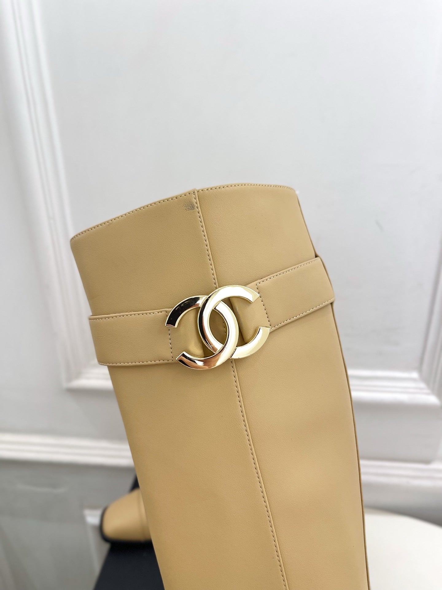 CC Double C Knee-High Boots 3.5CM Beige Leather 946894