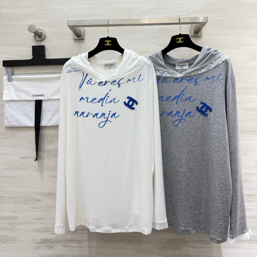 CC Hooded Lace Trim Shirt Blue Script Lettering 416094