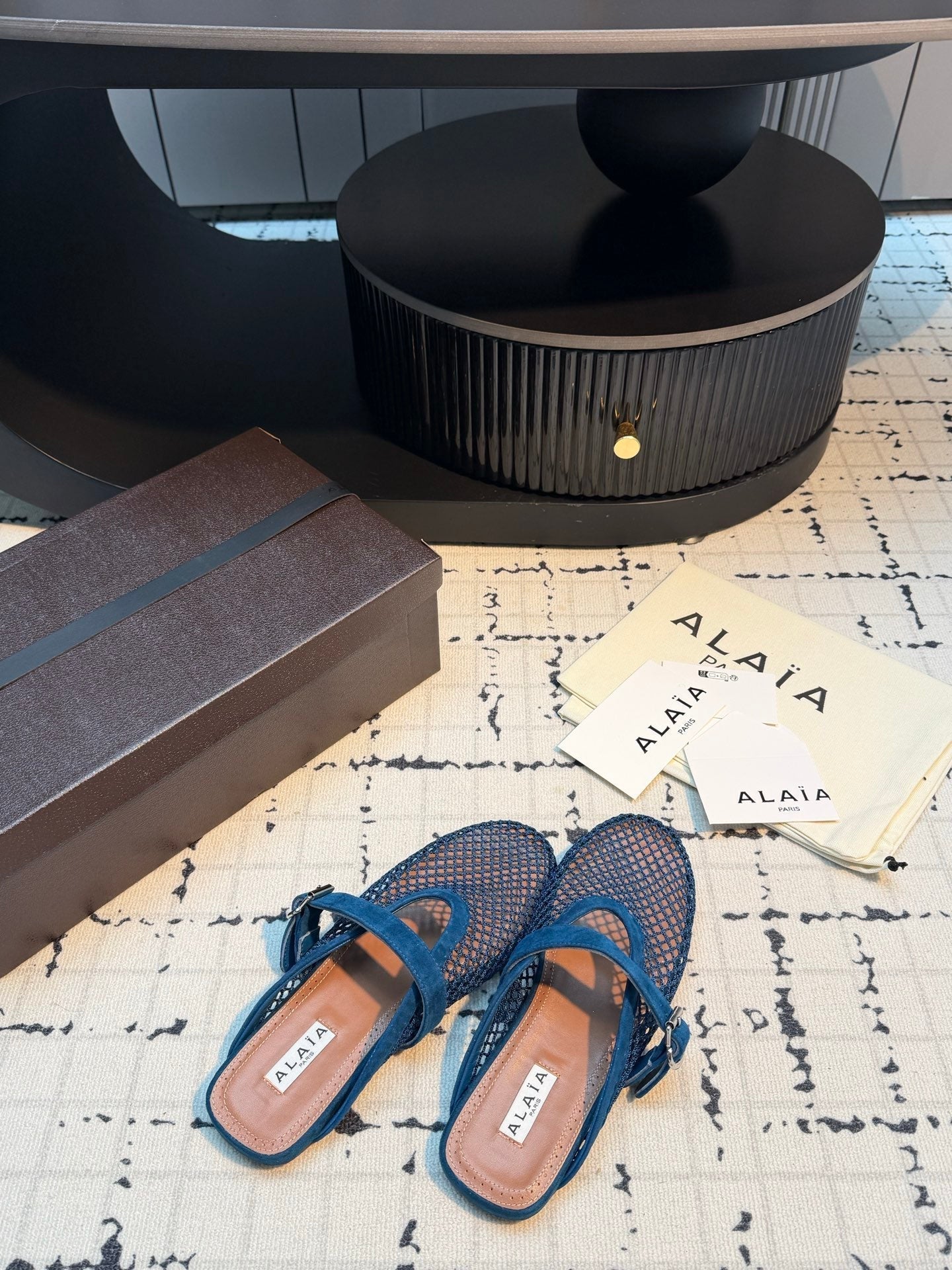 Alaia Mesh Buckle Strap Mules Navy Suede Leather 950599