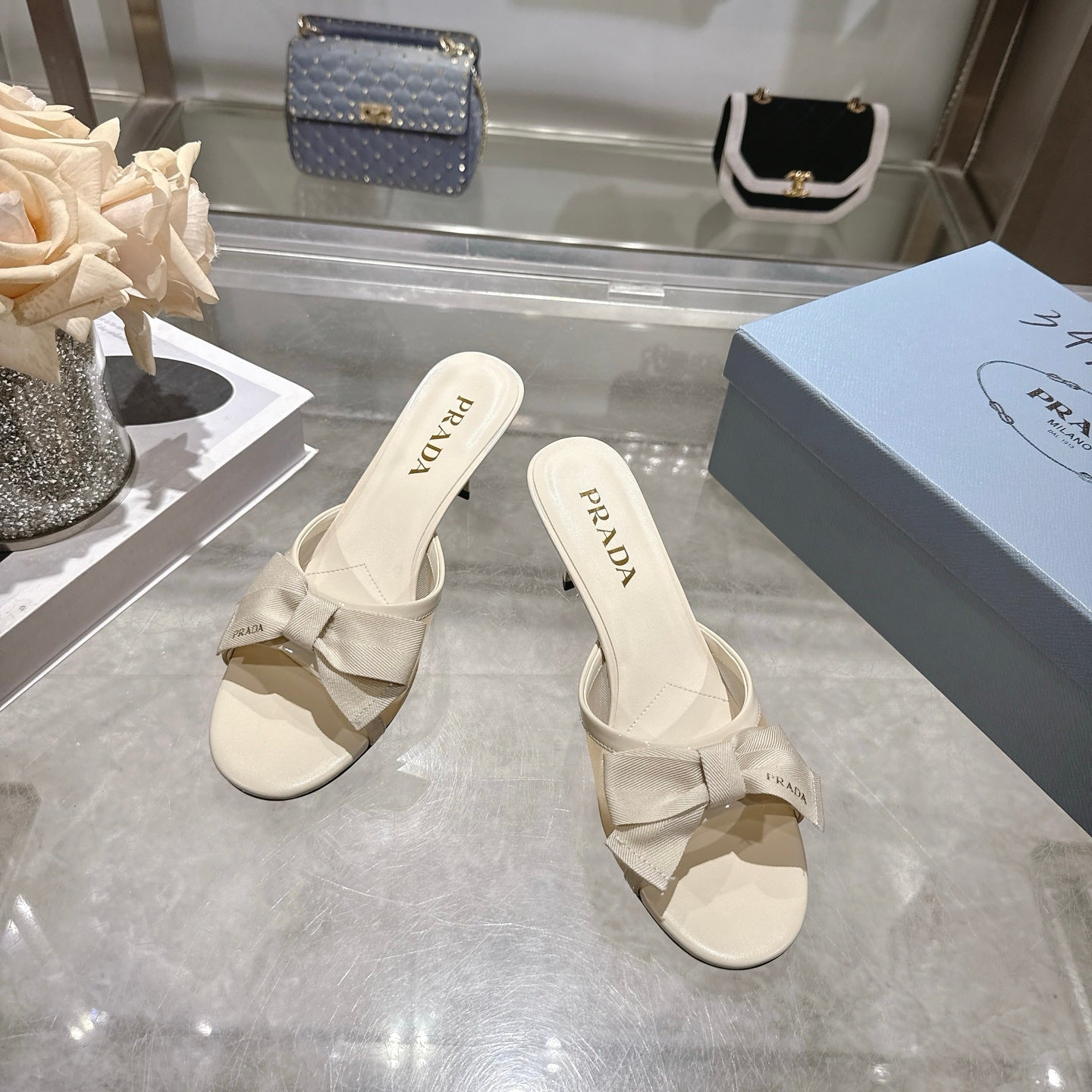 Prad Bow-Detail Kitten Heel Mules 7.5CM Cream Leather 951942