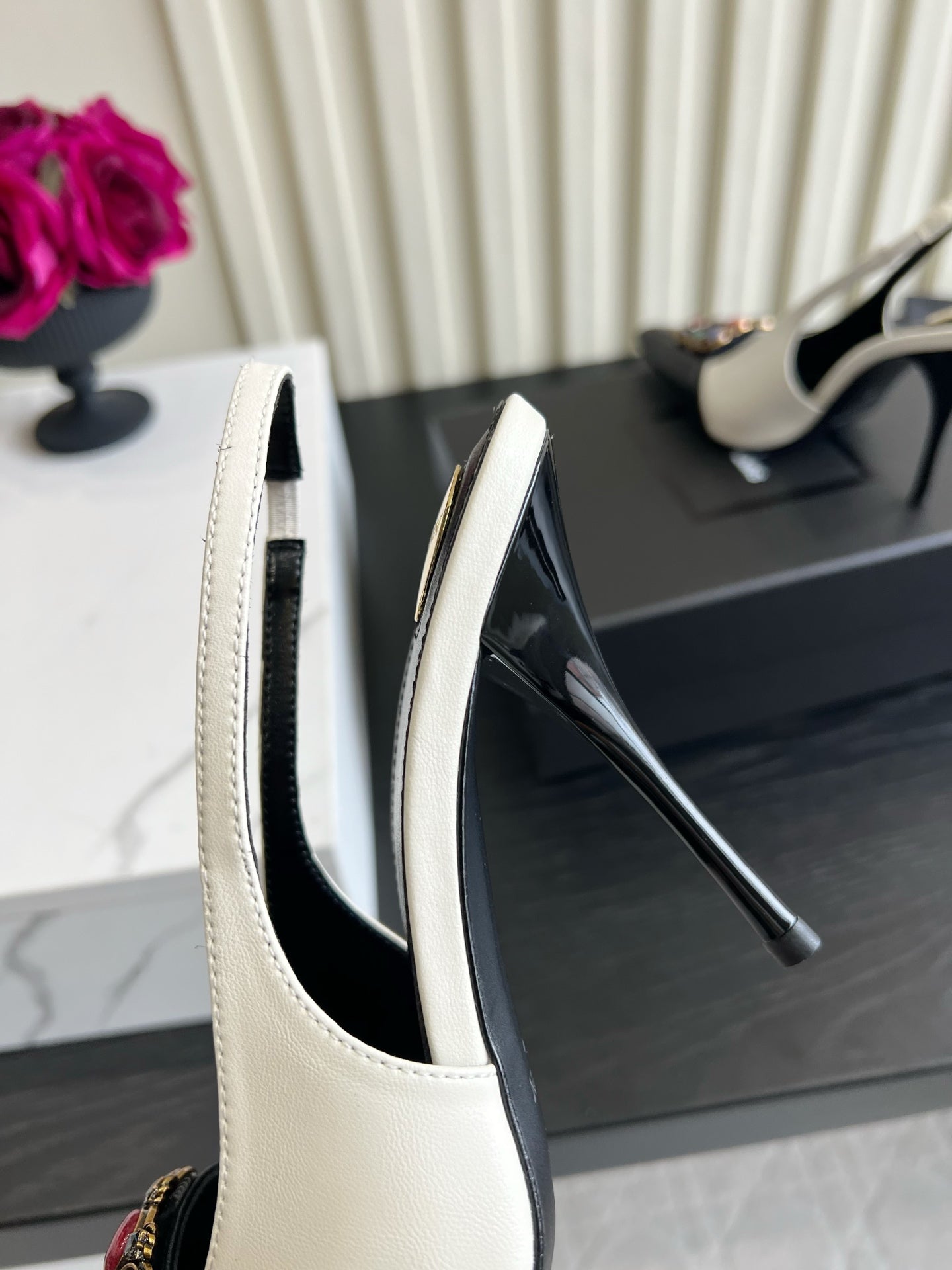 YSL Iceland Slingback Pumps 10CM Crystal Embellishment Black White Leather 956515