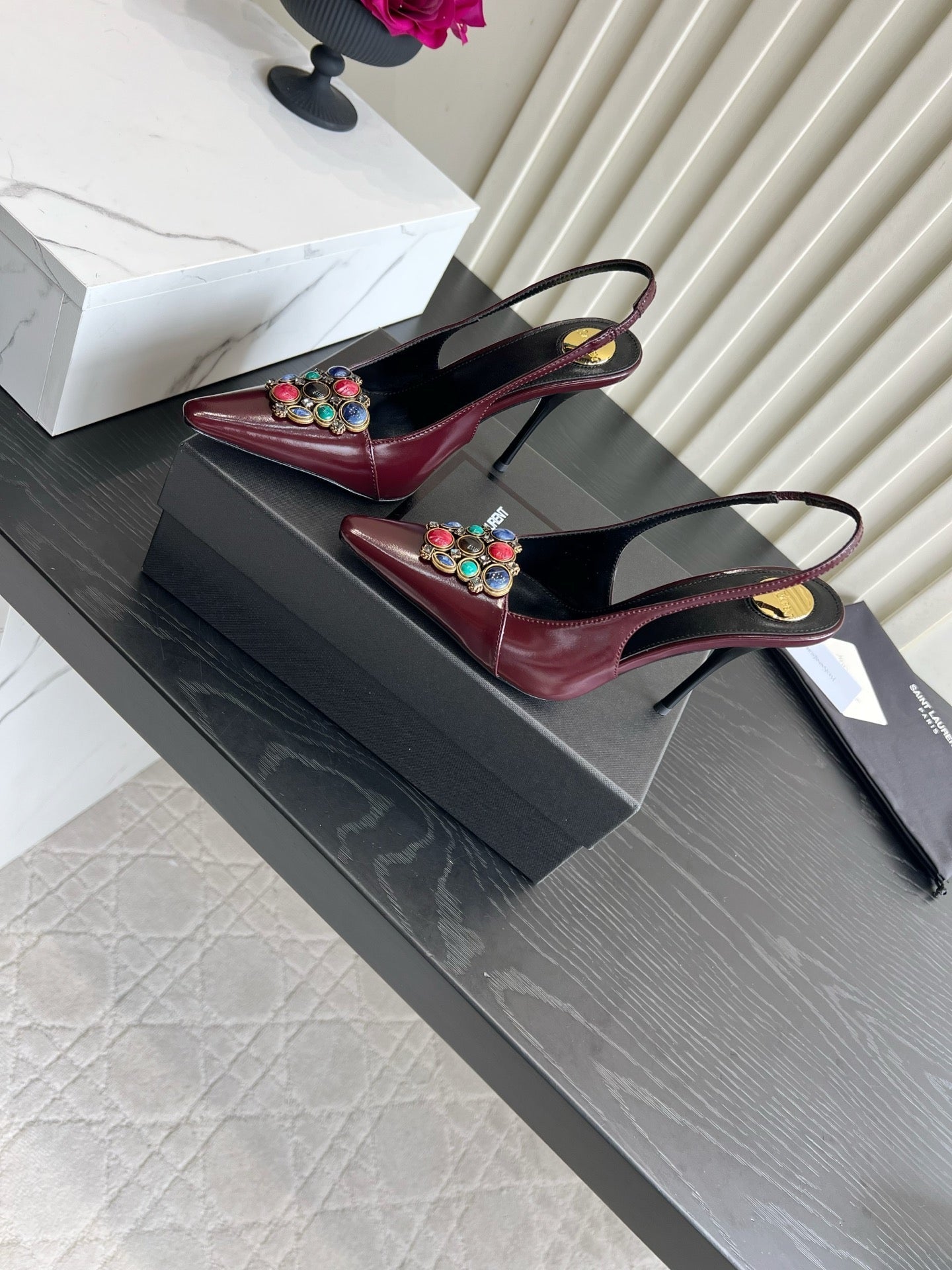 YSL Iceland Slingback Pumps 10CM Crystal Embellishment Burgundy Leather 956513