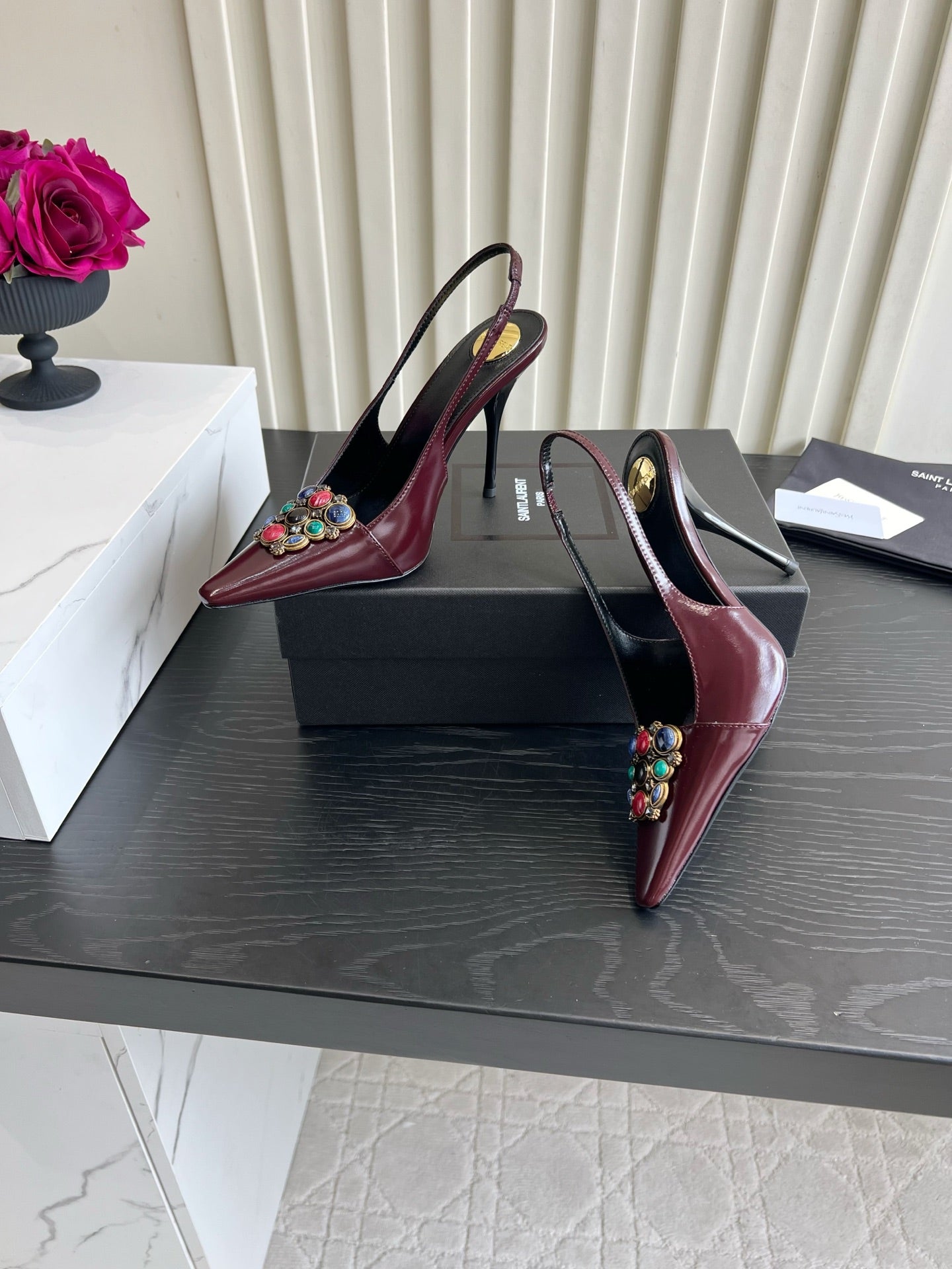 YSL Iceland Slingback Pumps 10CM Crystal Embellishment Burgundy Leather 956513