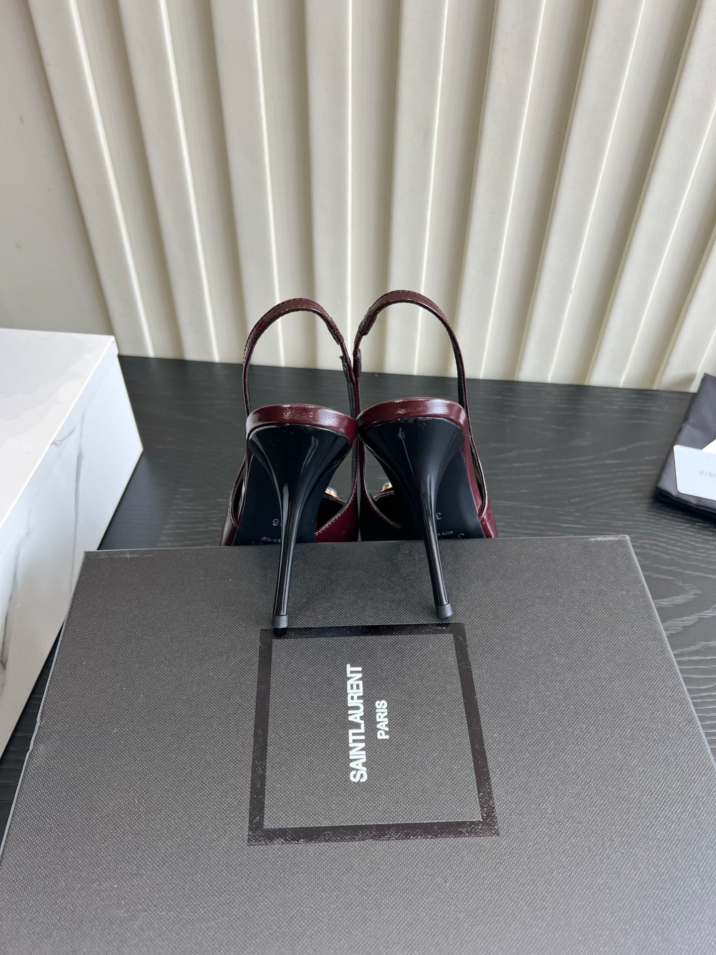 YSL Iceland Slingback Pumps 10CM Crystal Embellishment Burgundy Leather 956513