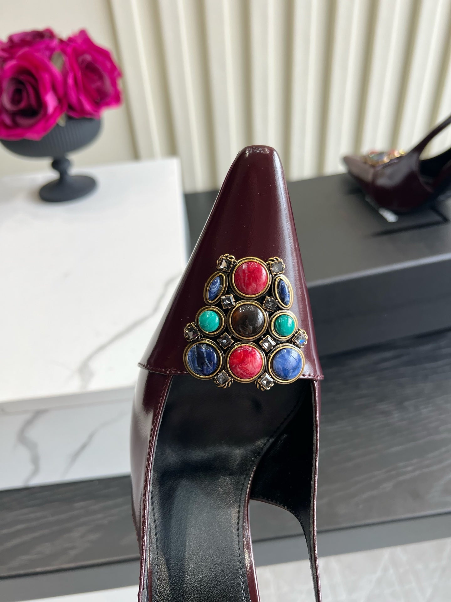 YSL Iceland Slingback Pumps 10CM Crystal Embellishment Burgundy Leather 956513