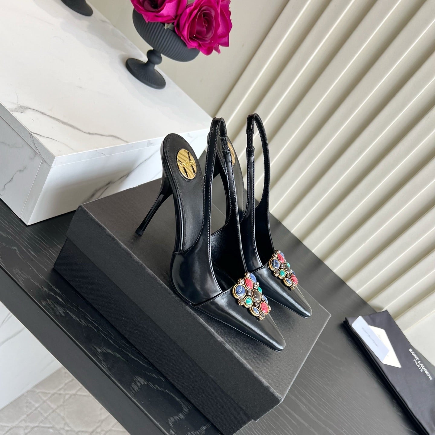 YSL Iceland Slingback Pumps 10CM Crystal Embellishment Black Leather 956512