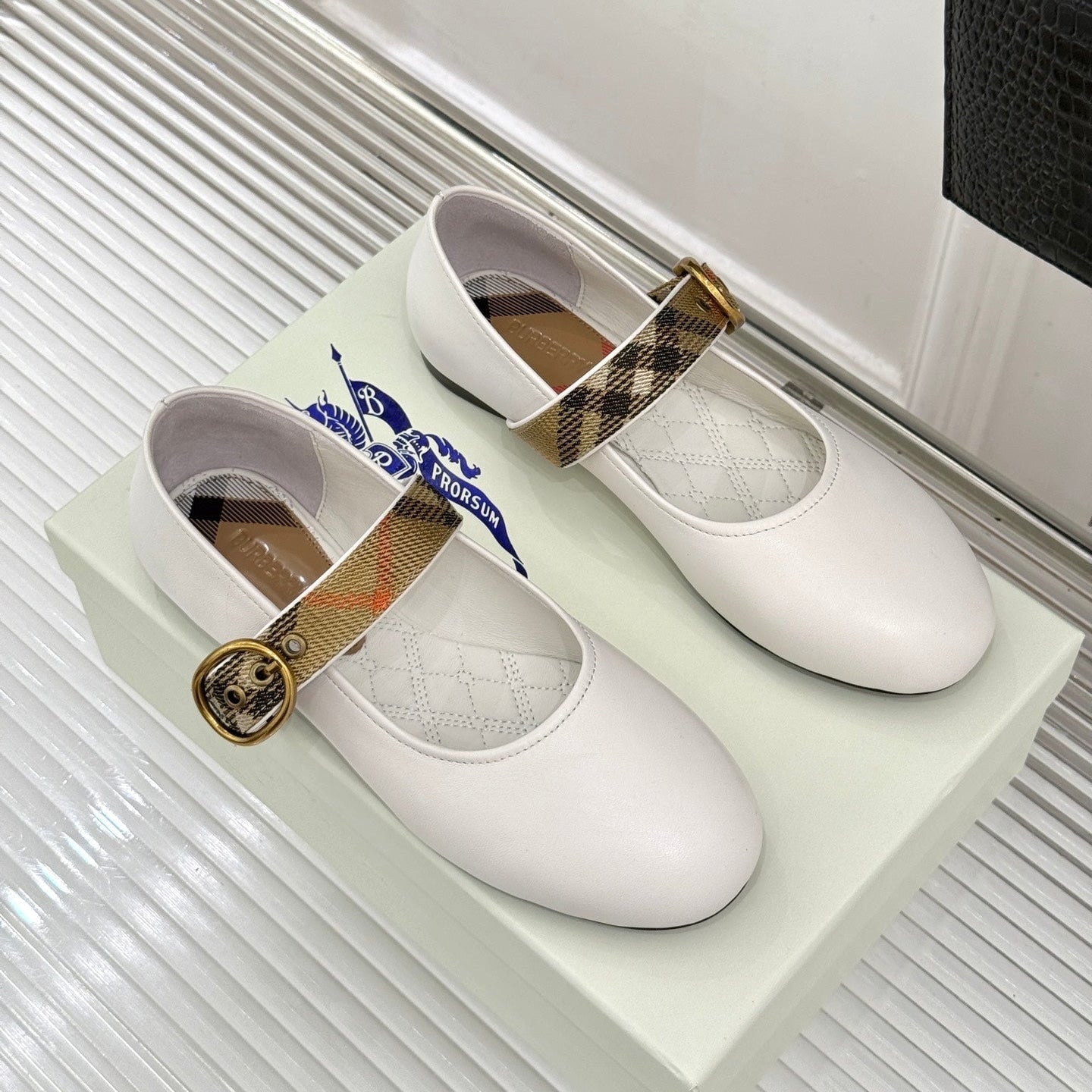 Burberry Robin Mary Jane Flats Check Strap White Leather 956171