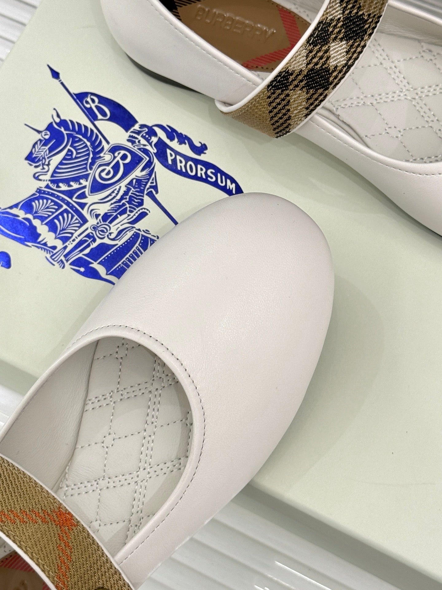 Burberry Robin Mary Jane Flats Check Strap White Leather 956171