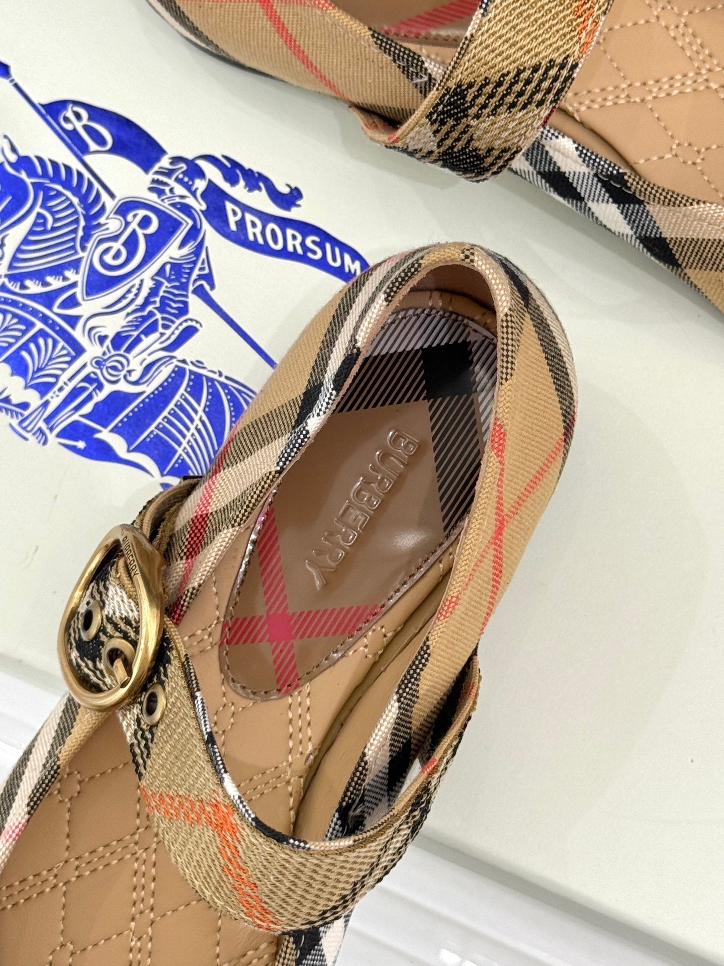 Burberry Robin Mary Jane Flats Beige Check Canvas 956169