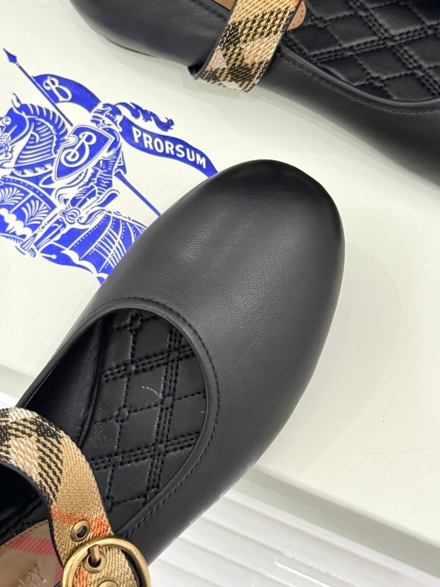 Burberry Robin Mary Jane Flats Check Strap Black Leather 956170