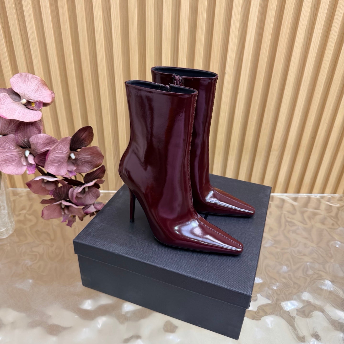 YSL Pointed-Toe Stiletto Ankle Boots 8CM Burgundy Leather 955833