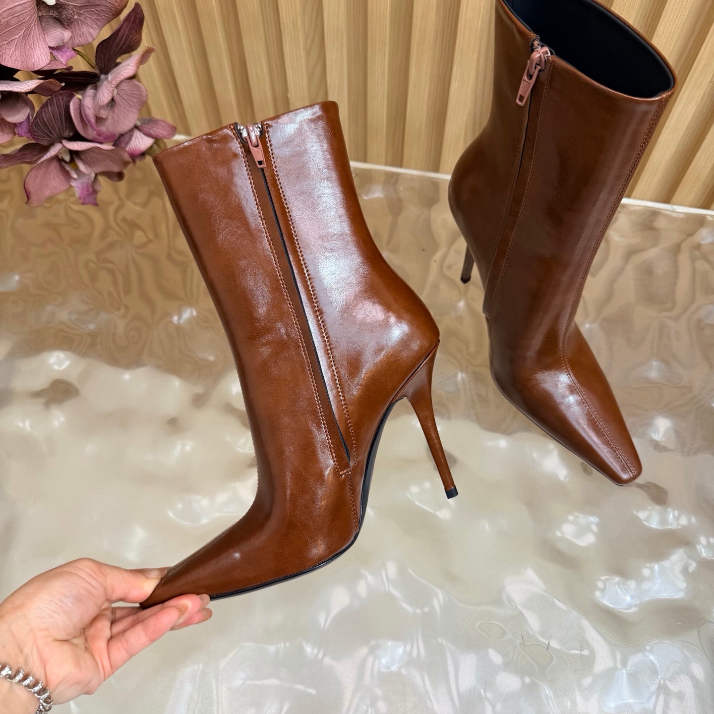 YSL Pointed-Toe Stiletto Ankle Boots 8CM Dark Brown Leather 955829