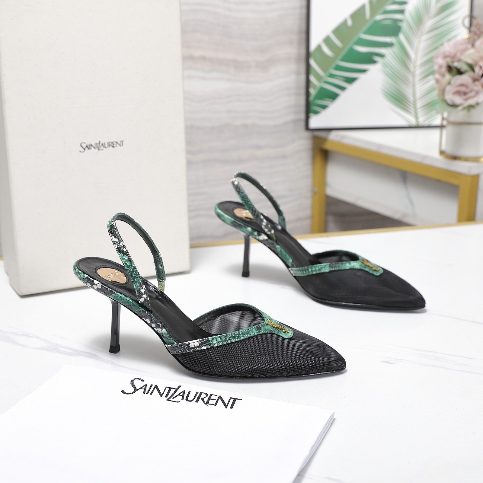 YSL Folie Slingback Pumps 6.5cm Black Mesh Green Leather 961602