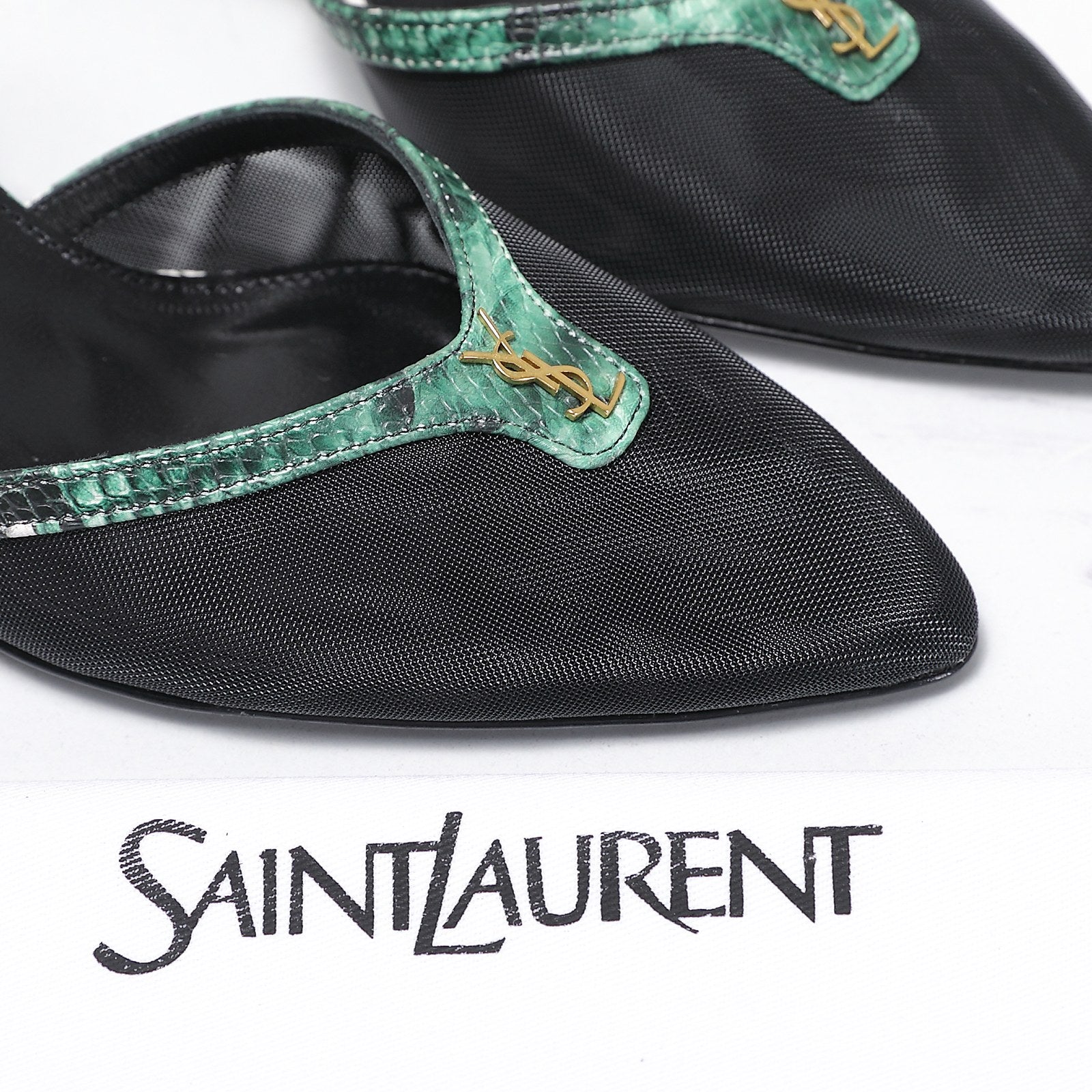 YSL Folie Slingback Pumps 6.5cm Black Mesh Green Leather 961602