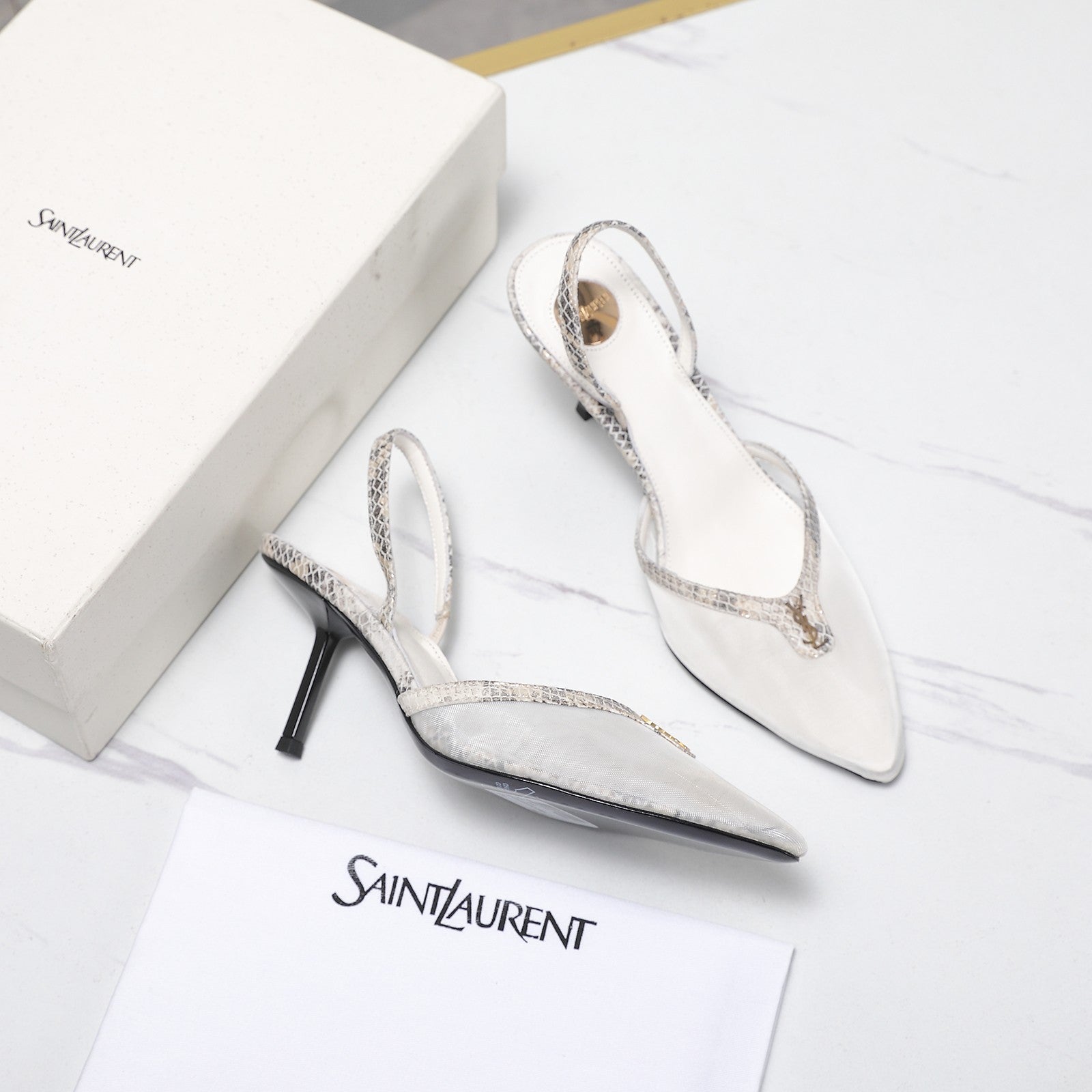 YSL Folie Slingback Pumps 6.5cm Beige Mesh Black Leather 961600