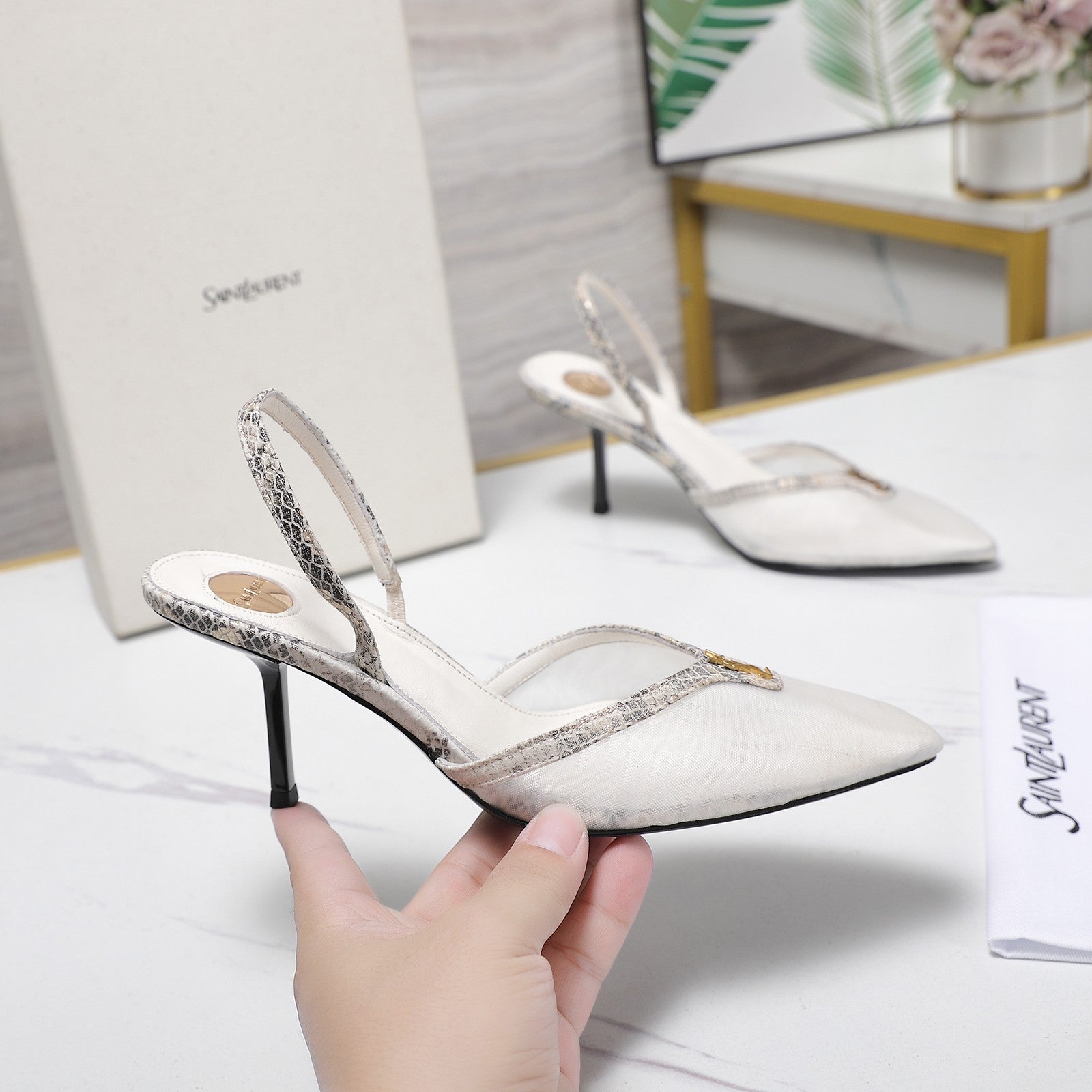 YSL Folie Slingback Pumps 6.5cm Beige Mesh Black Leather 961600