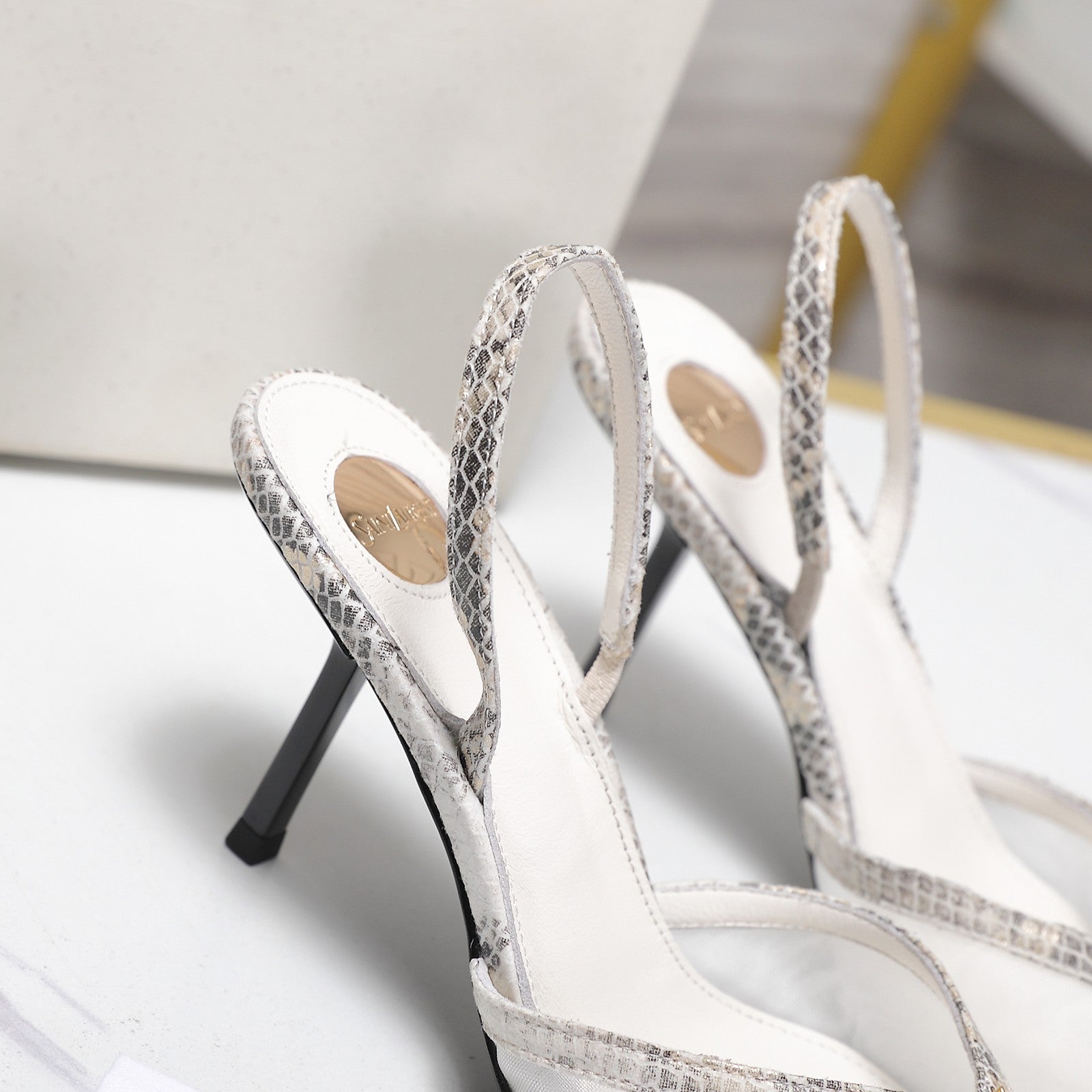 YSL Folie Slingback Pumps 6.5cm Beige Mesh Black Leather 961600