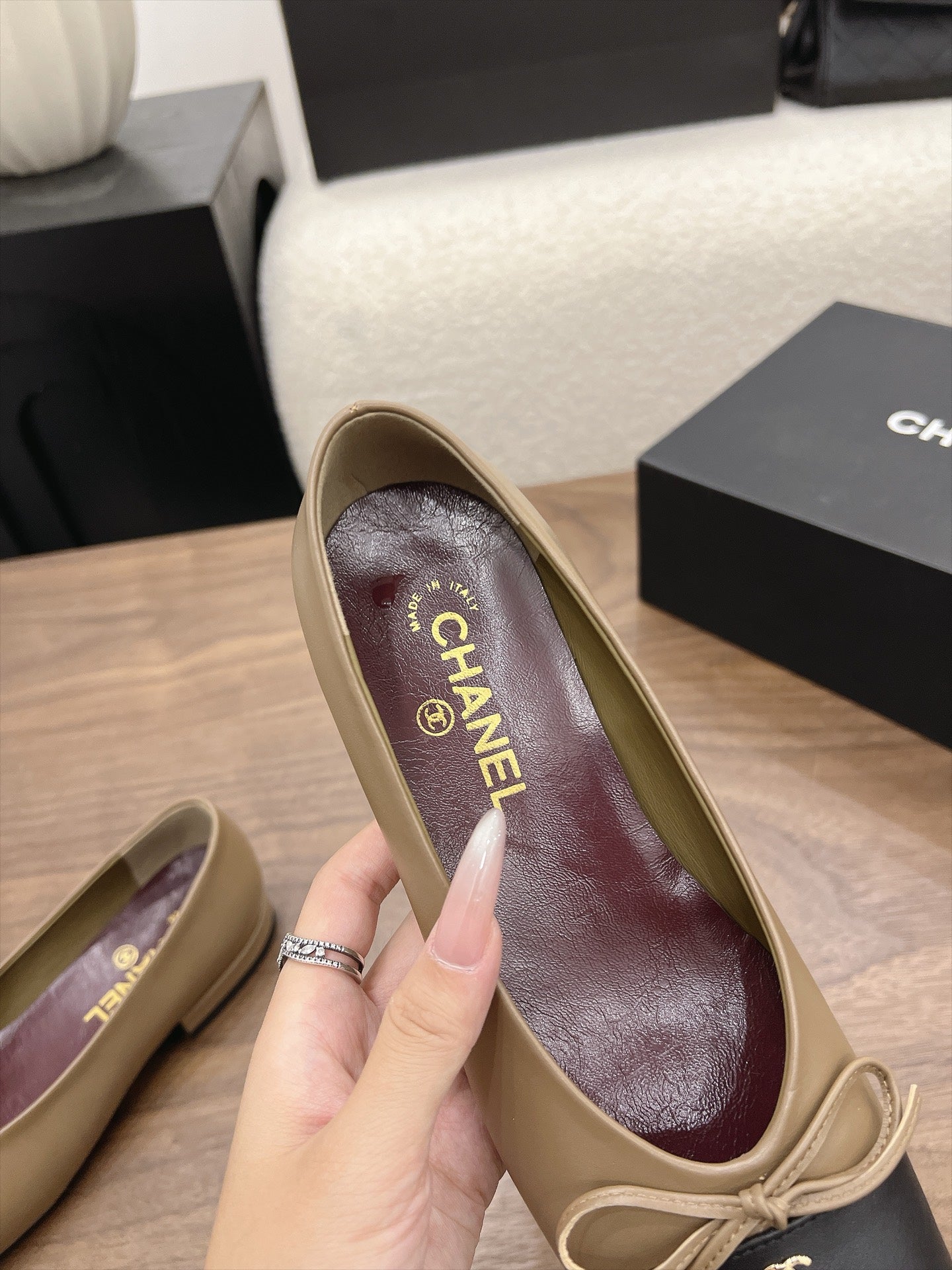 CC Square-Toe Ballet Flats Beige Black Lambskin 961516