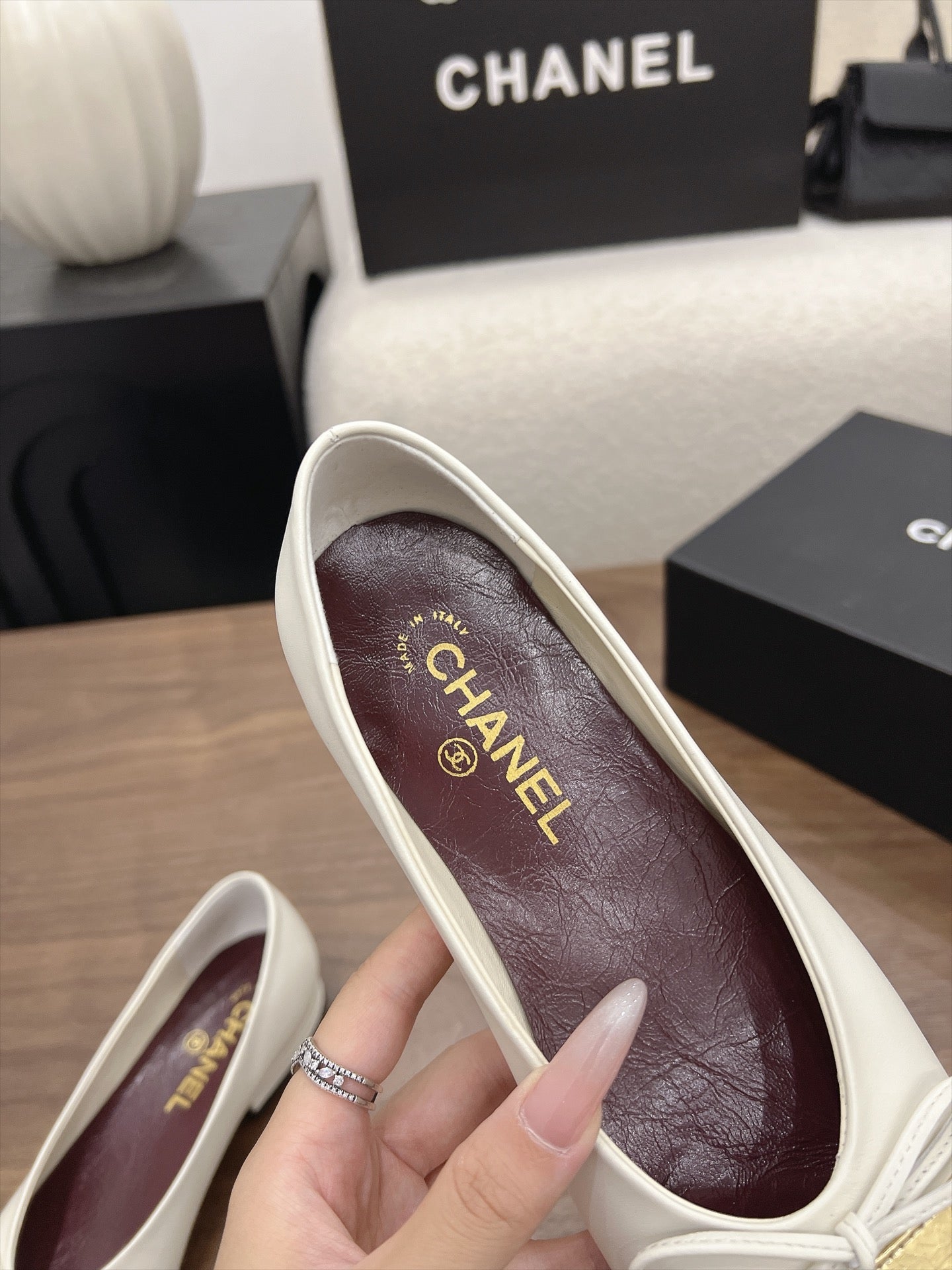 CC Square-Toe Ballet Flats White Gold Lambskin 961514