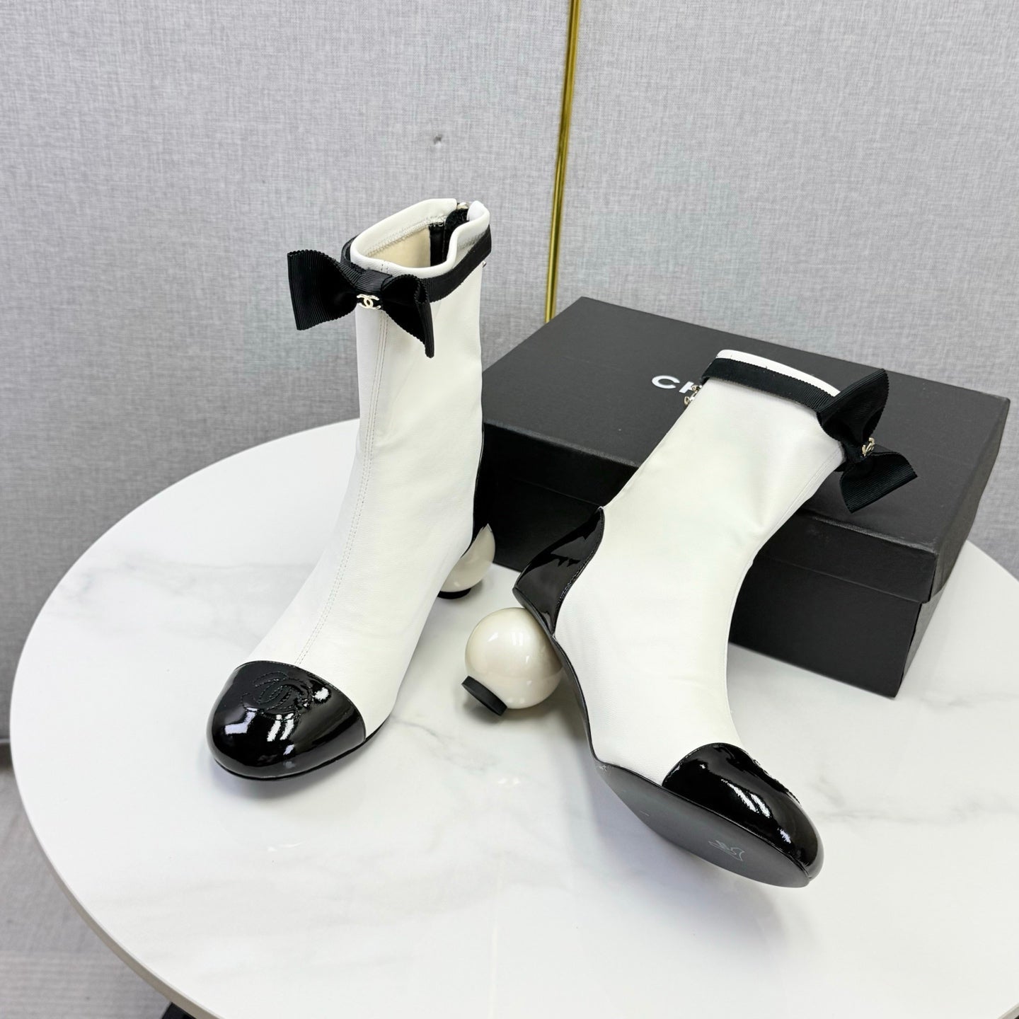 CC Mid-Calf Boots Pearl Ball Heel Bow Ivory Black Leather 972796