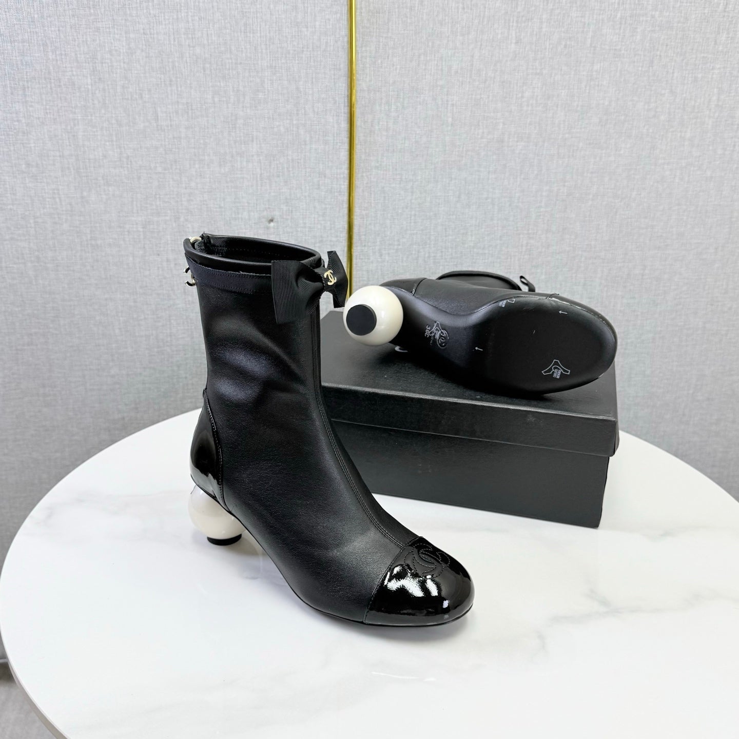 CC Mid-Calf Boots Pearl Ball Heel Bow Black Leather 972798