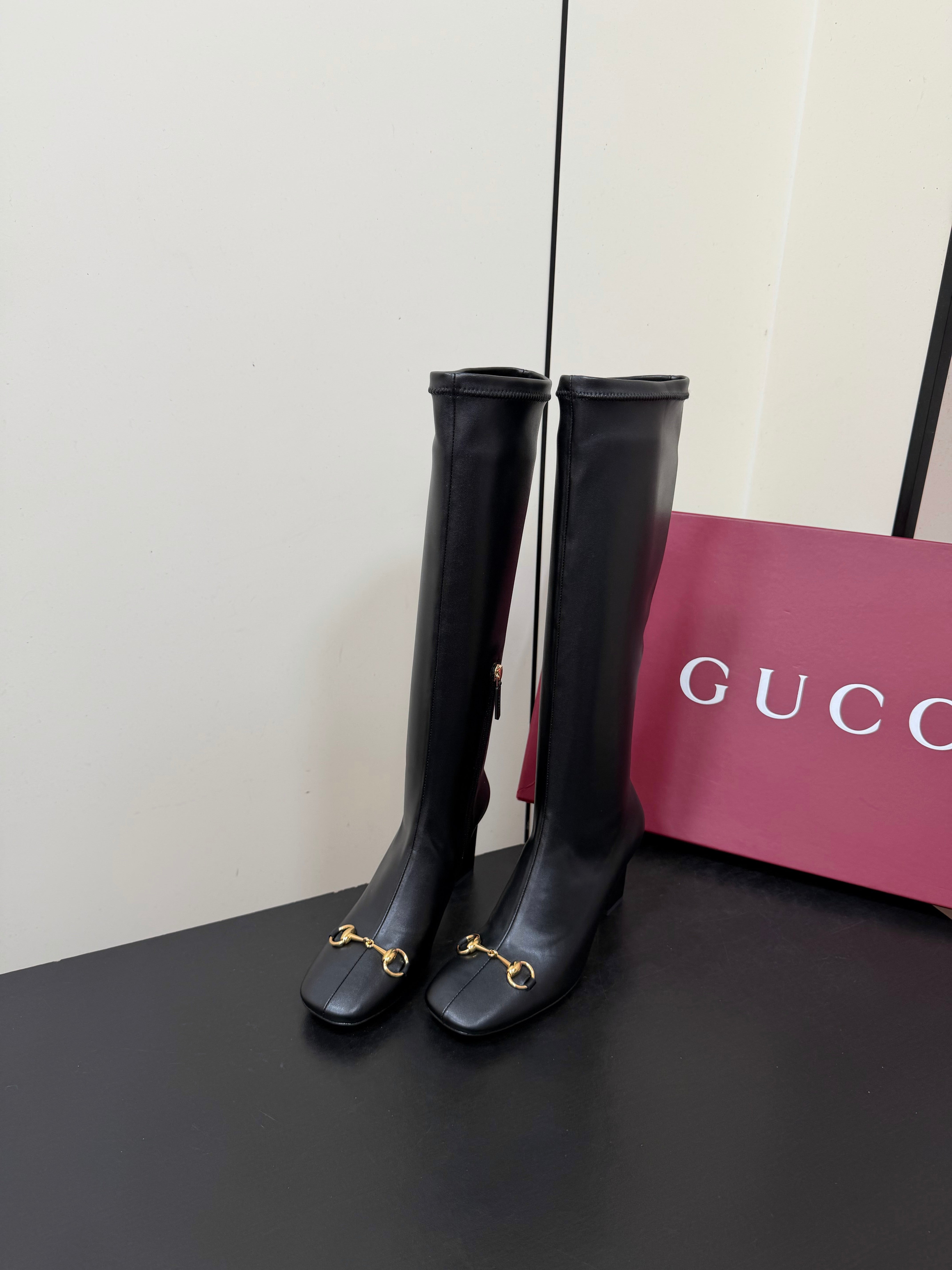 GG Signora Horsebit Knee-High Boots 8.5CM Black Leather 984465