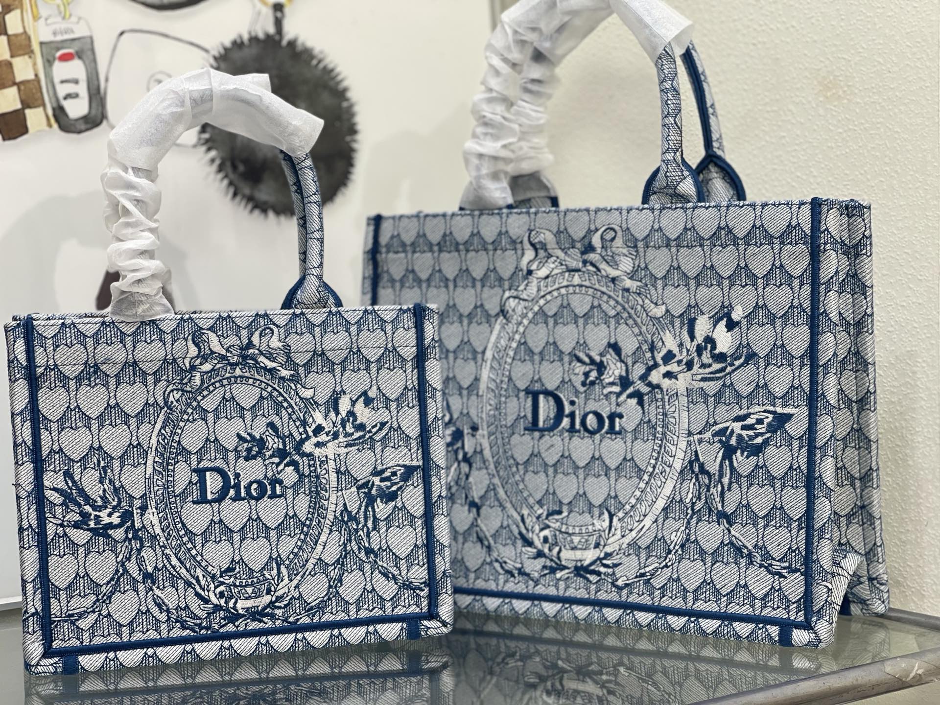 CD Book Tote With Strap Toile de Jouy Floral Garden Embroidery Blue Canvas 164670