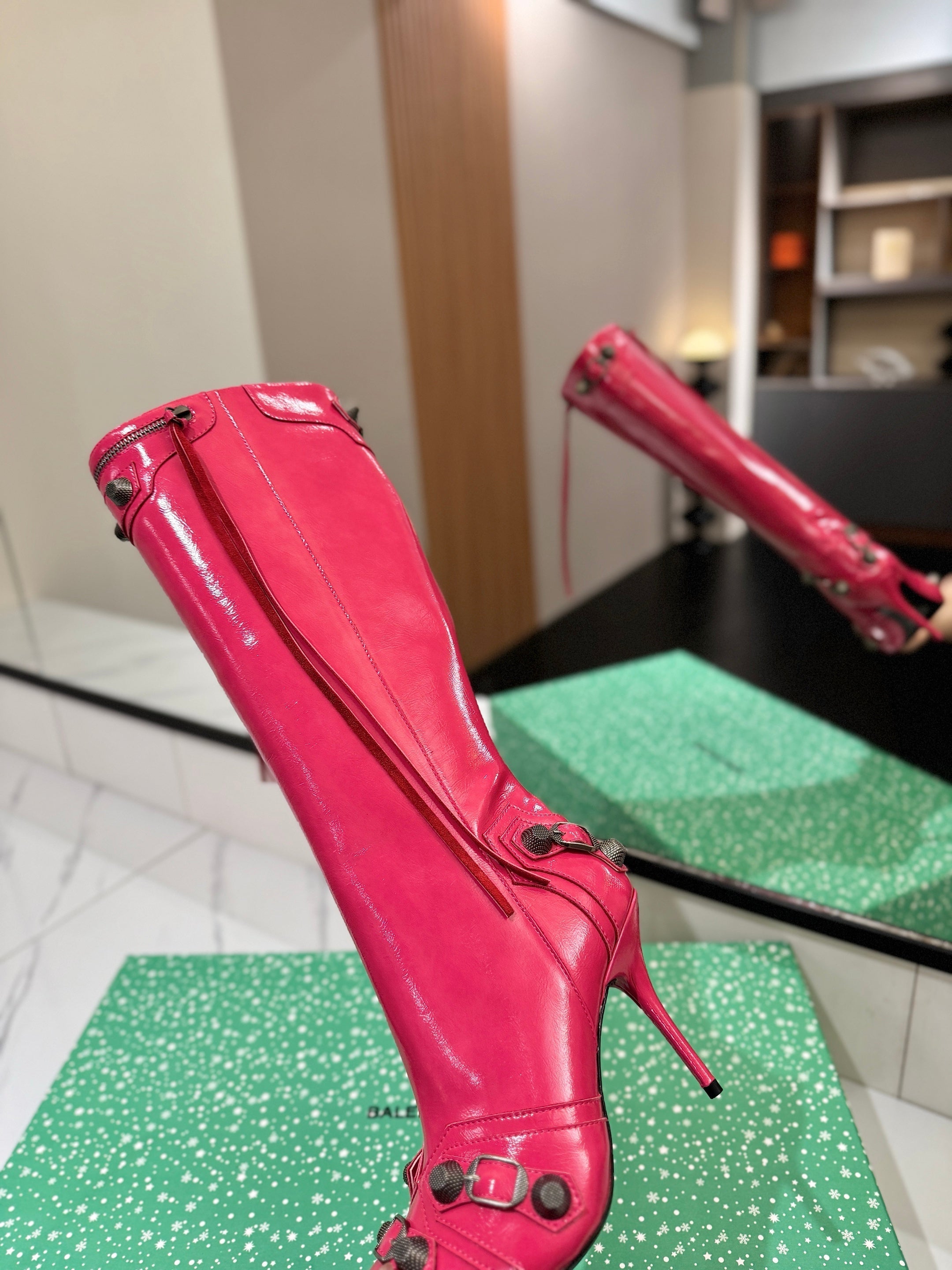 BLC Cagole Knee-High Boots 9.5cm Dark Pink Leather 985493