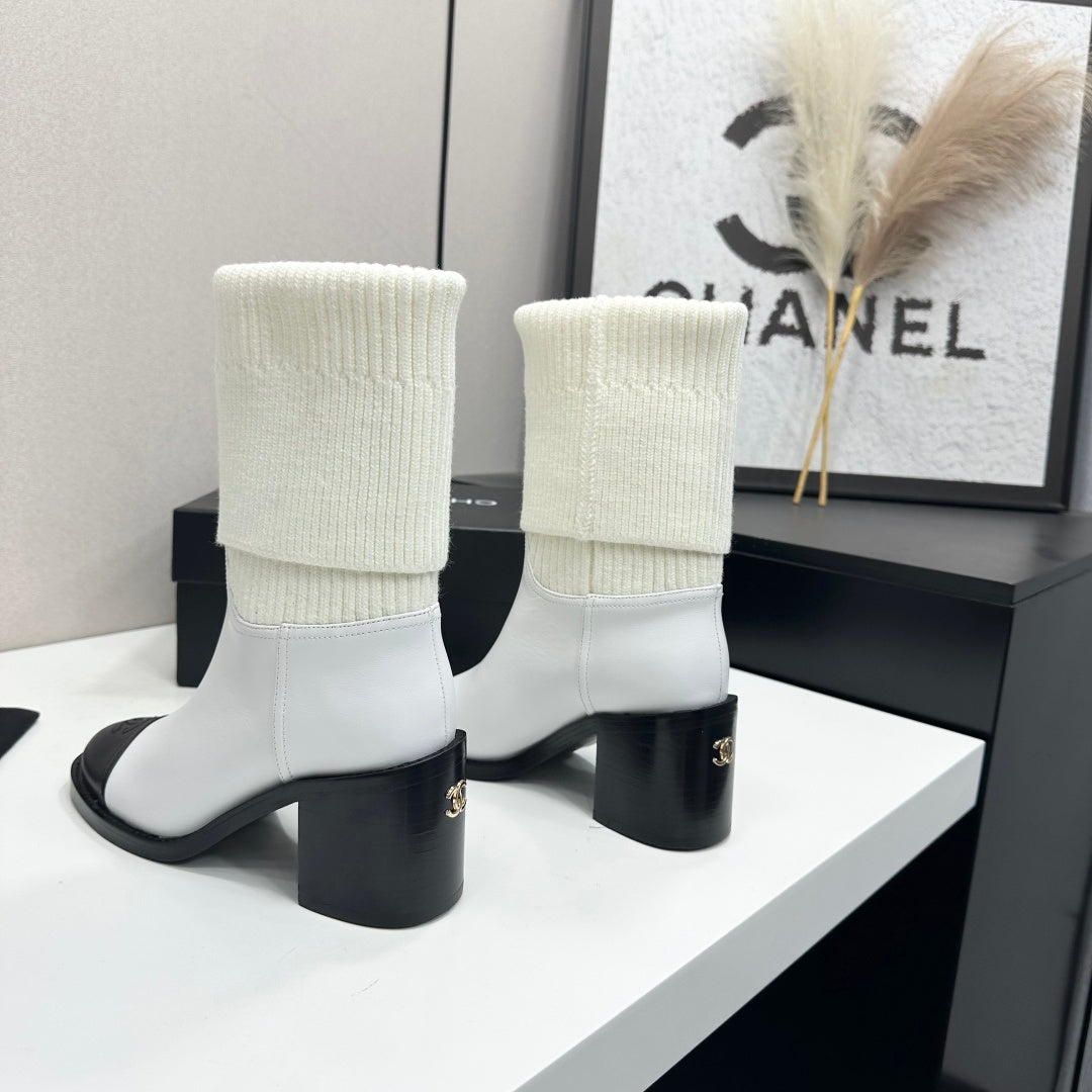 CC Mid-Calf Sock Boots White Leather Stretch Knit 985655
