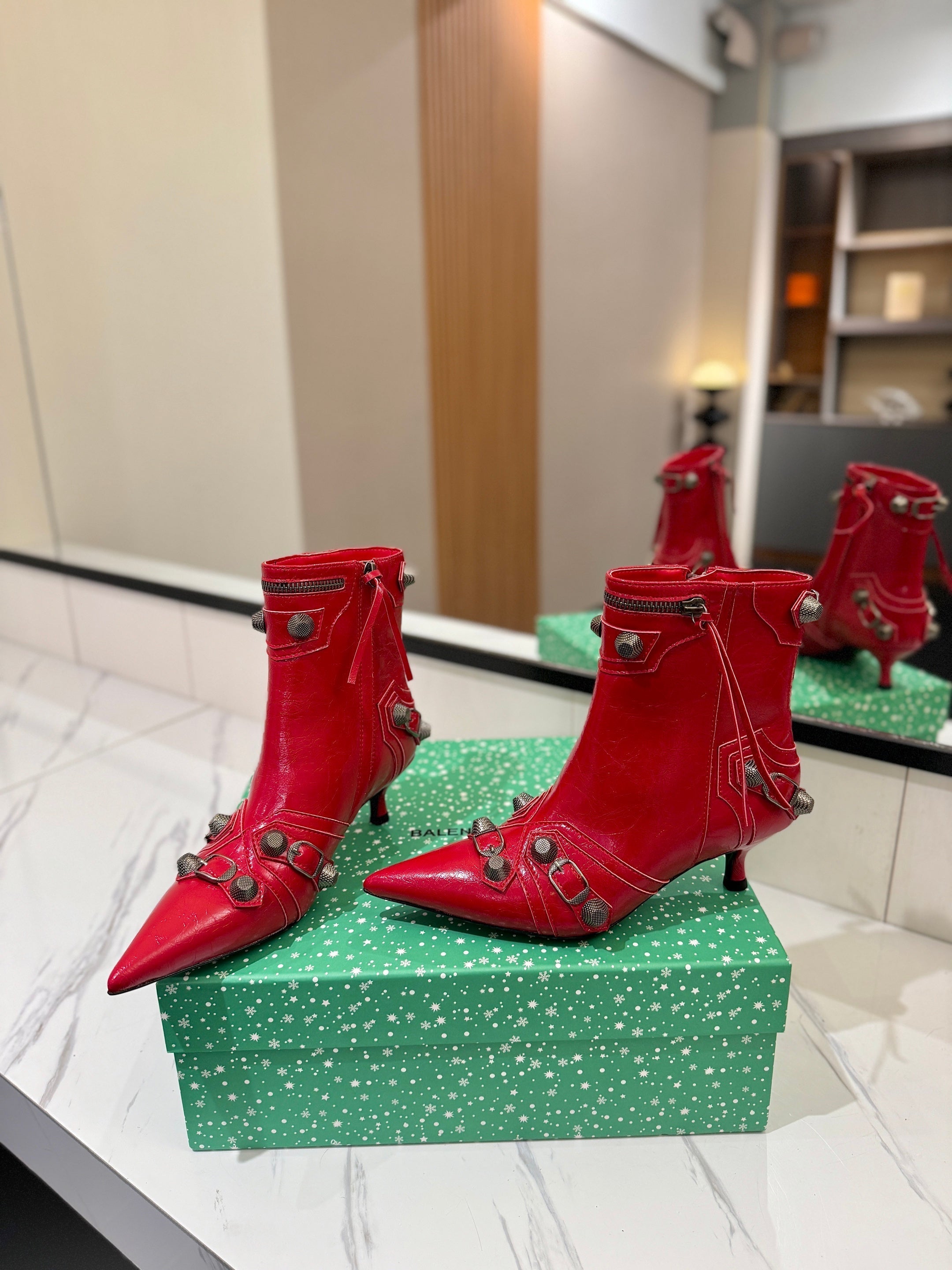 BLC Cagole Mid-Calf Boots 5cm Red Leather 985479