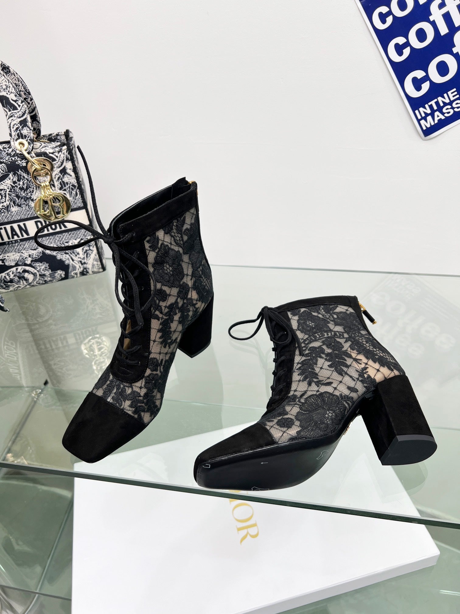 CD Lace Ankle Boots 8cm Black Lace Suede 981809