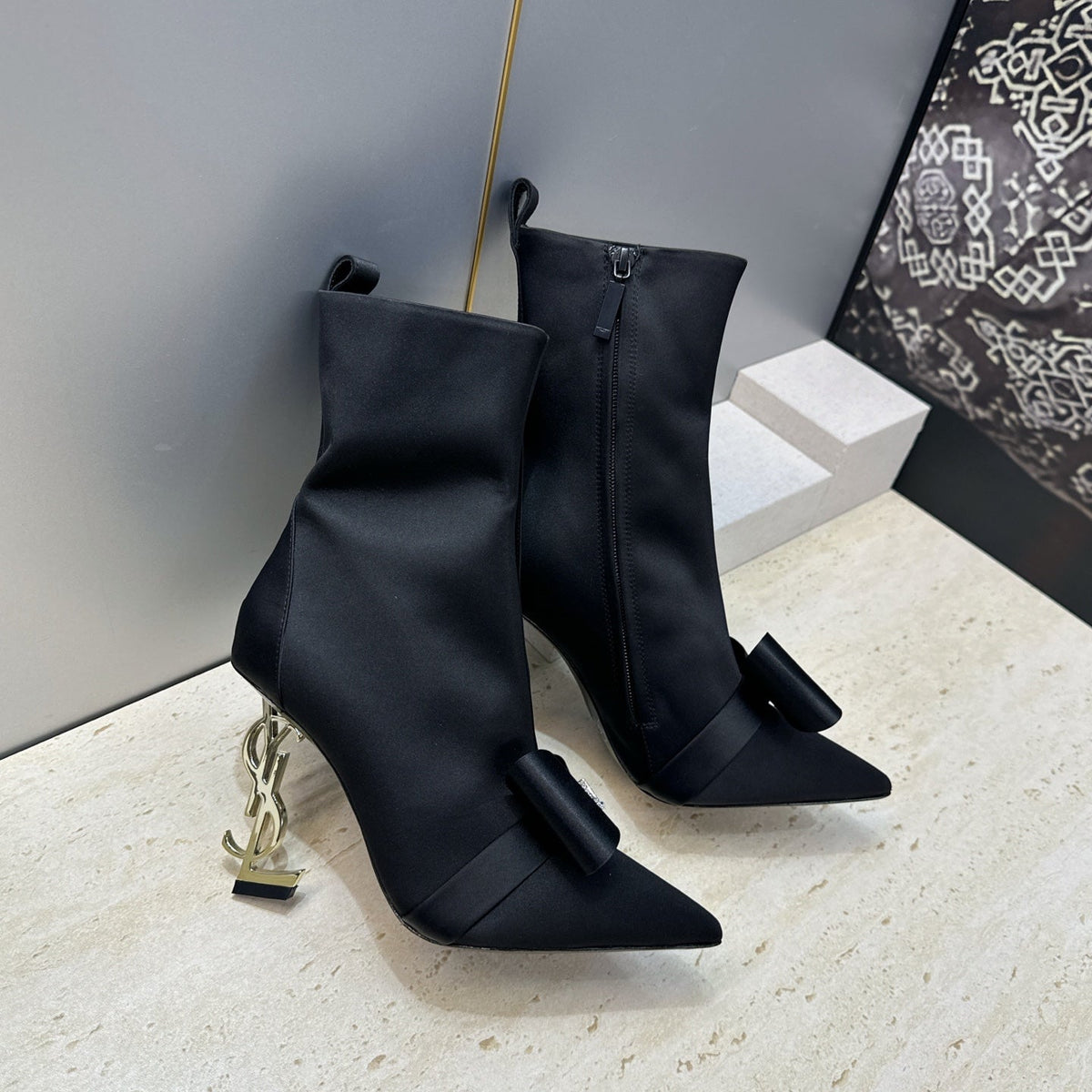 YSL 26S Bow Ankle Boots Pointed-Toe 10.5cm Black Satin 118794