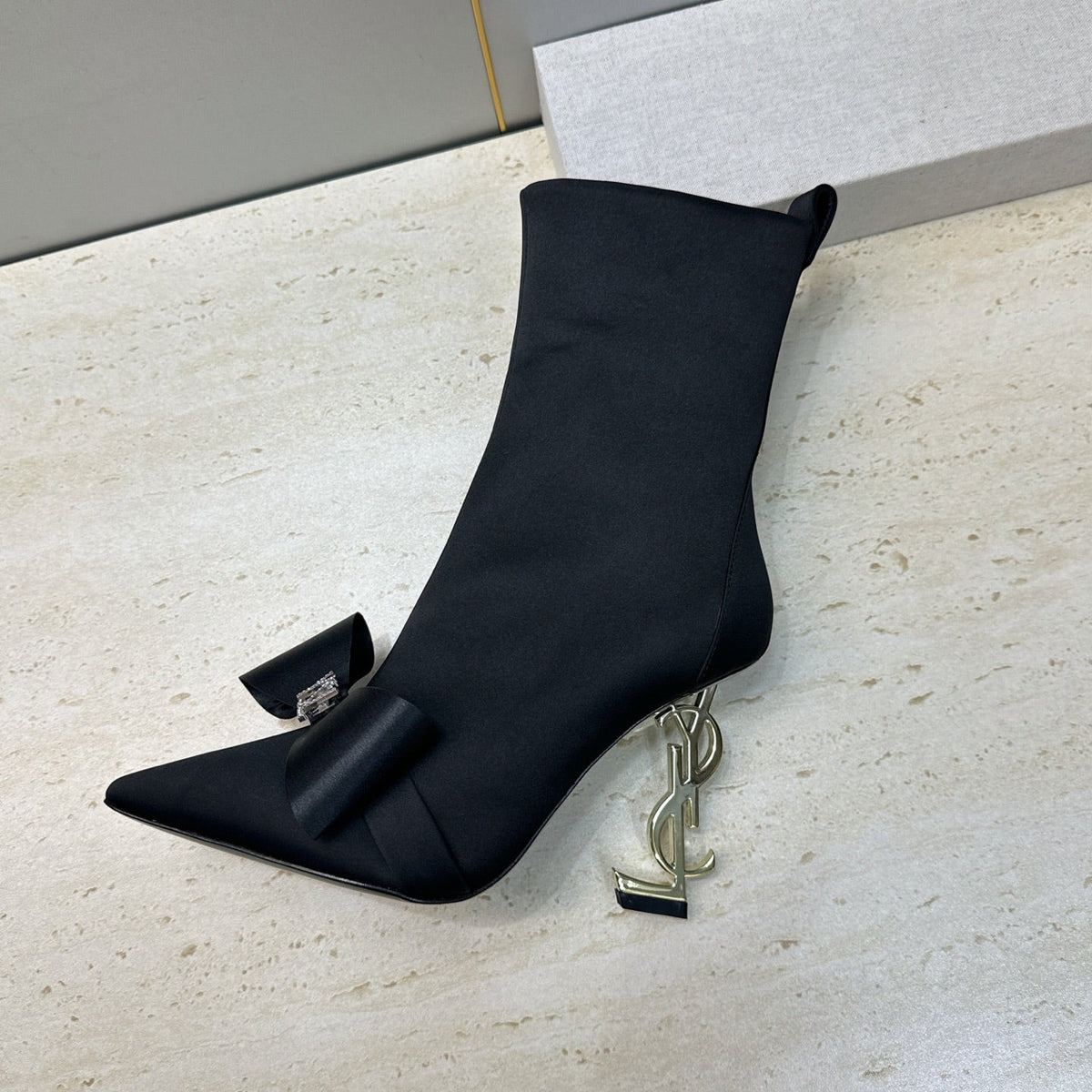 YSL 26S Bow Ankle Boots Pointed-Toe 10.5cm Black Satin 118794