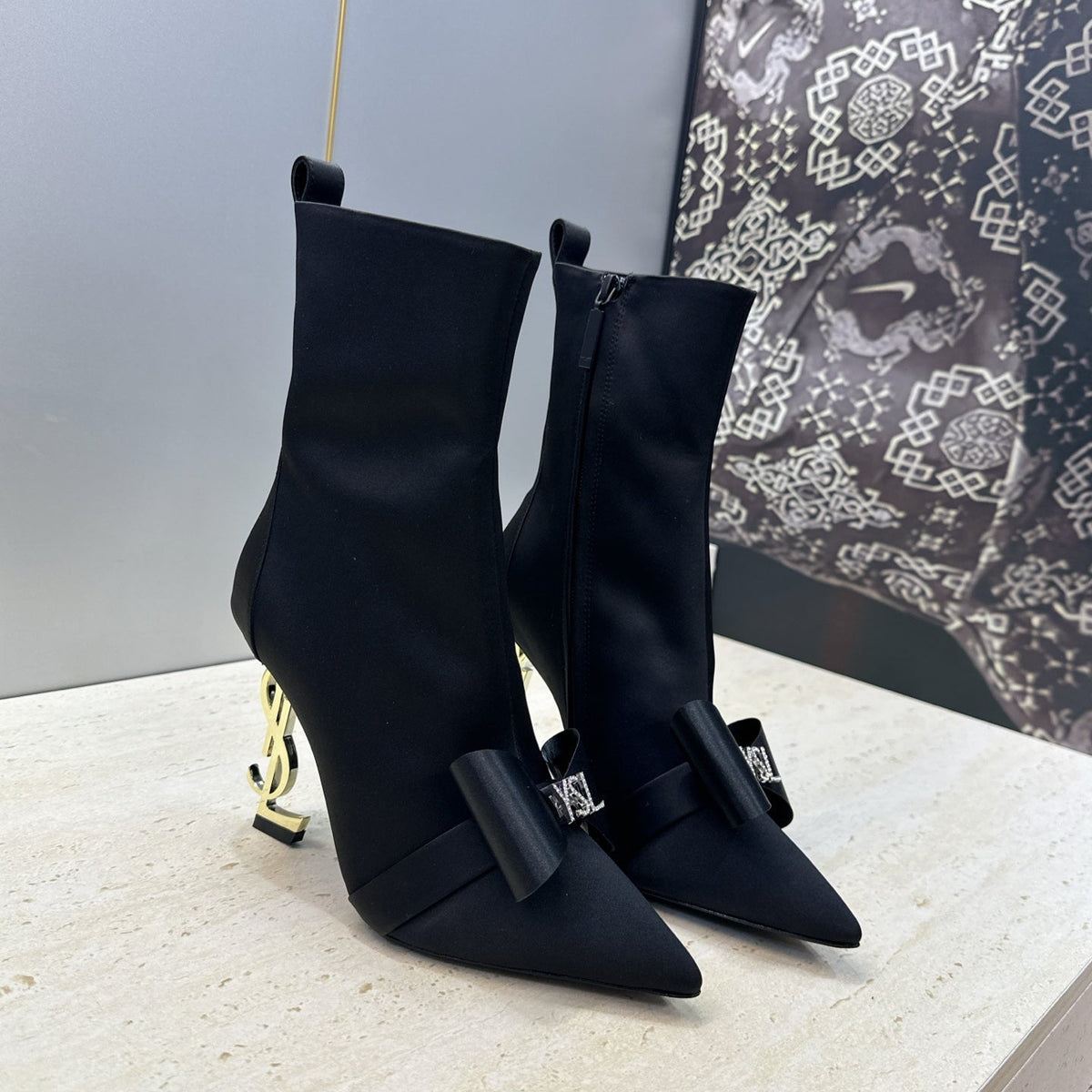 YSL 26S Bow Ankle Boots Pointed-Toe 10.5cm Black Satin 118794